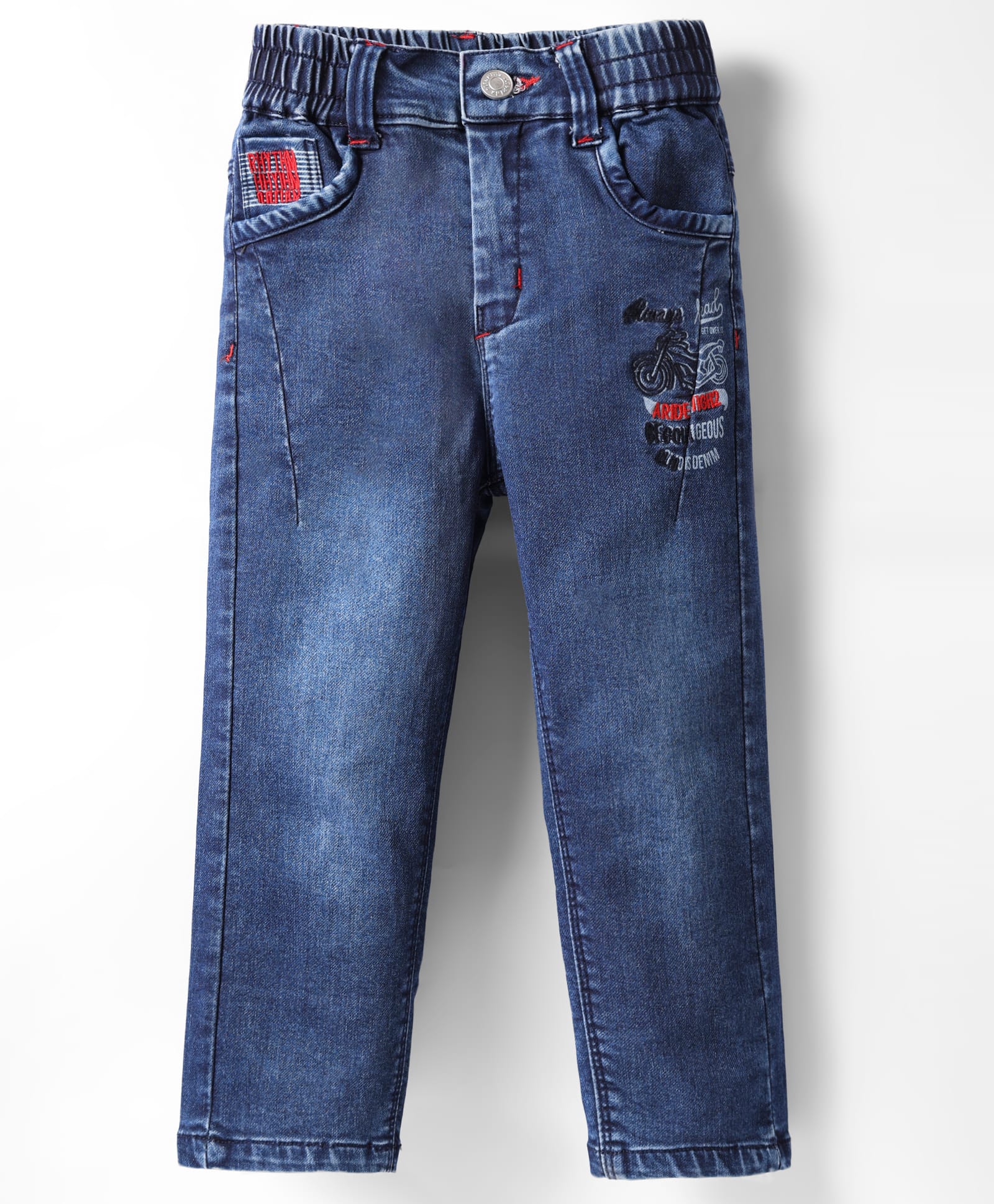 Olio Kids Denim Woven Full Length Jeans with Bike Theme Embroidery - Navy Blue-picture-26