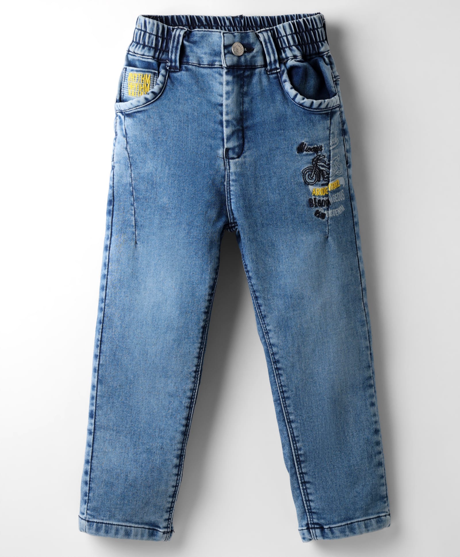 Olio Kids Denim Woven Full Length Jeans with Bike Theme Embroidery - Light Blue-picture-25