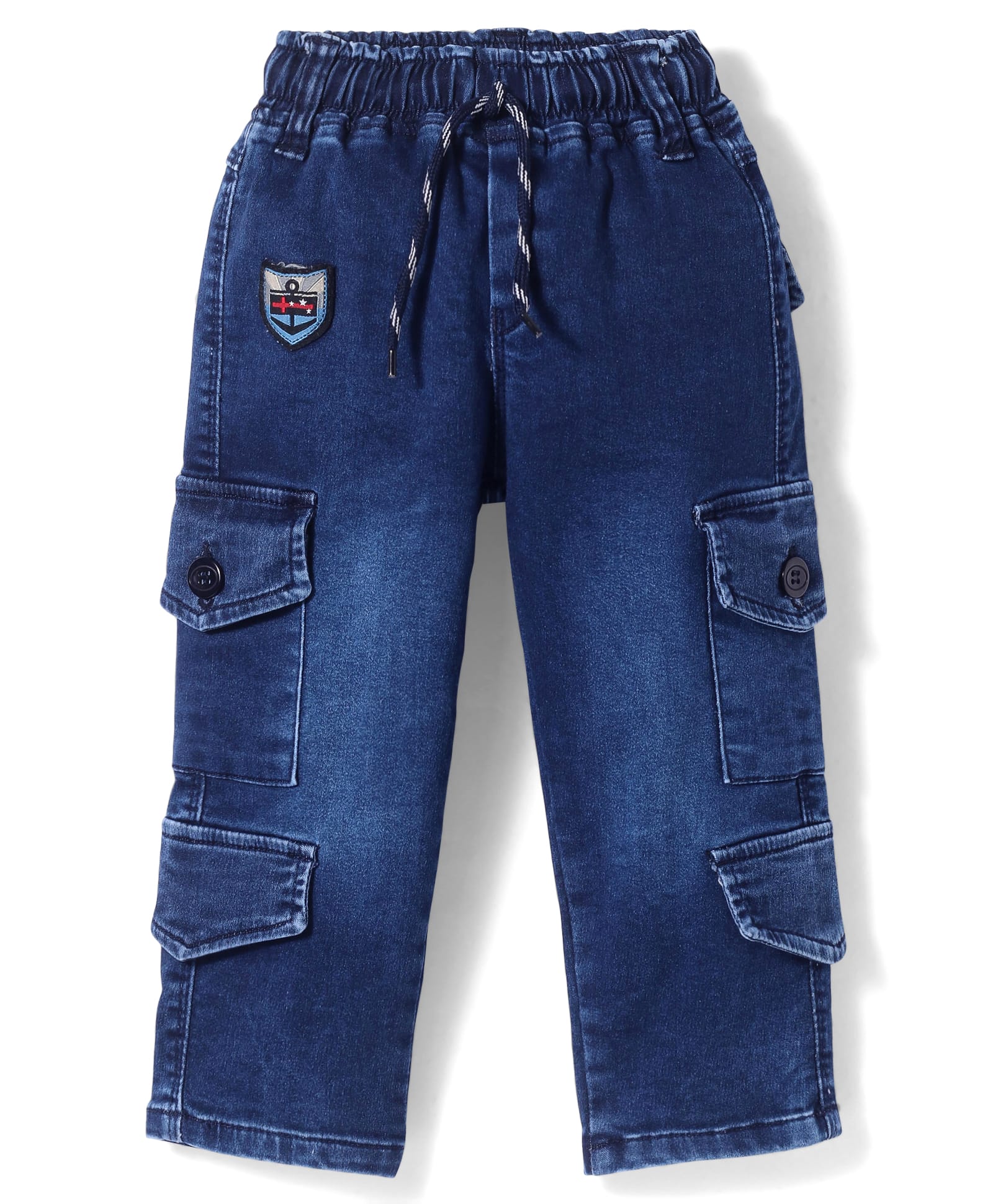 Olio Kids Denim Knit Full Length Solid Color Jeans with Pockets & Patch - Navy Blue-image-12