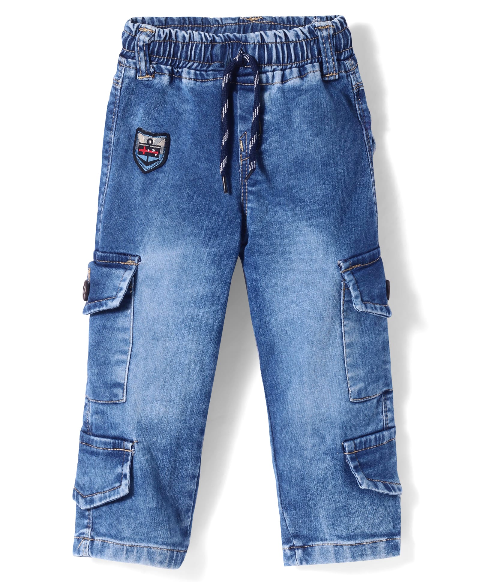 Olio Kids Denim Knit Full Length Solid Color Jeans with Pockets & Patch - Light Blue-image-11