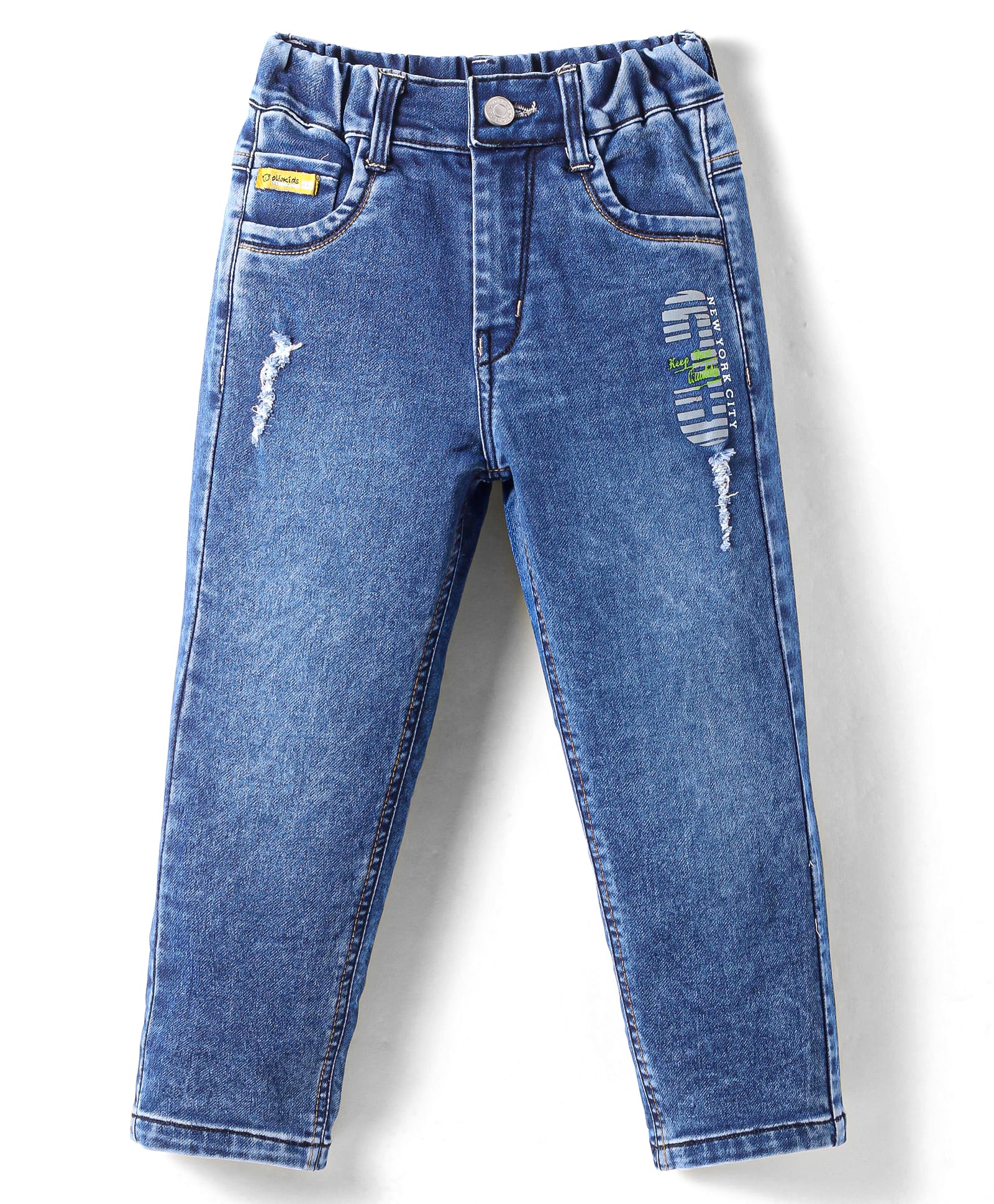 Olio Kids Full Length Distressed Washed Denim Jeans with Text Print - Blue-picture-19
