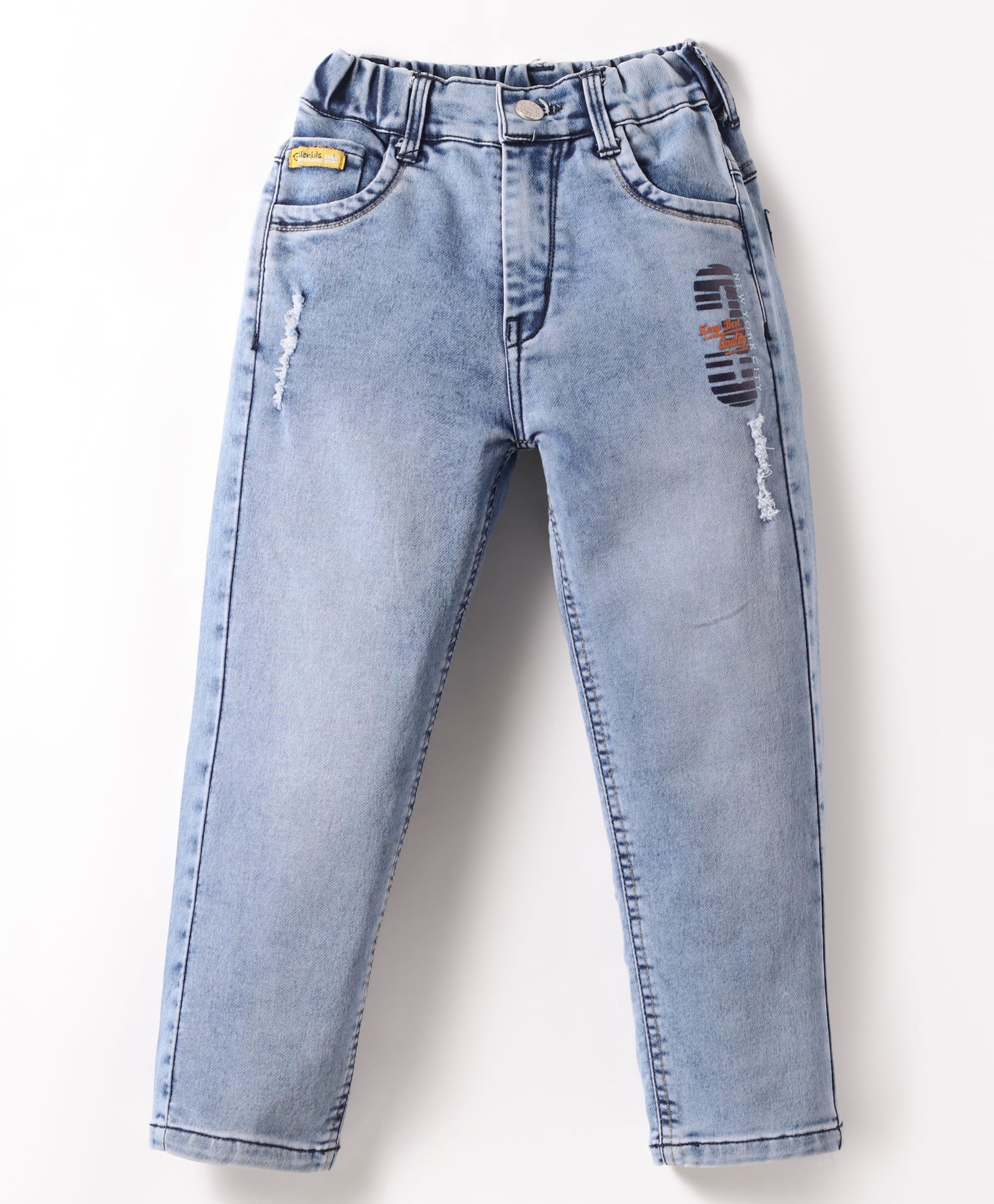 Olio Kids Full Length Distressed Washed Denim Jeans with Text Print - Light Blue-picture-26