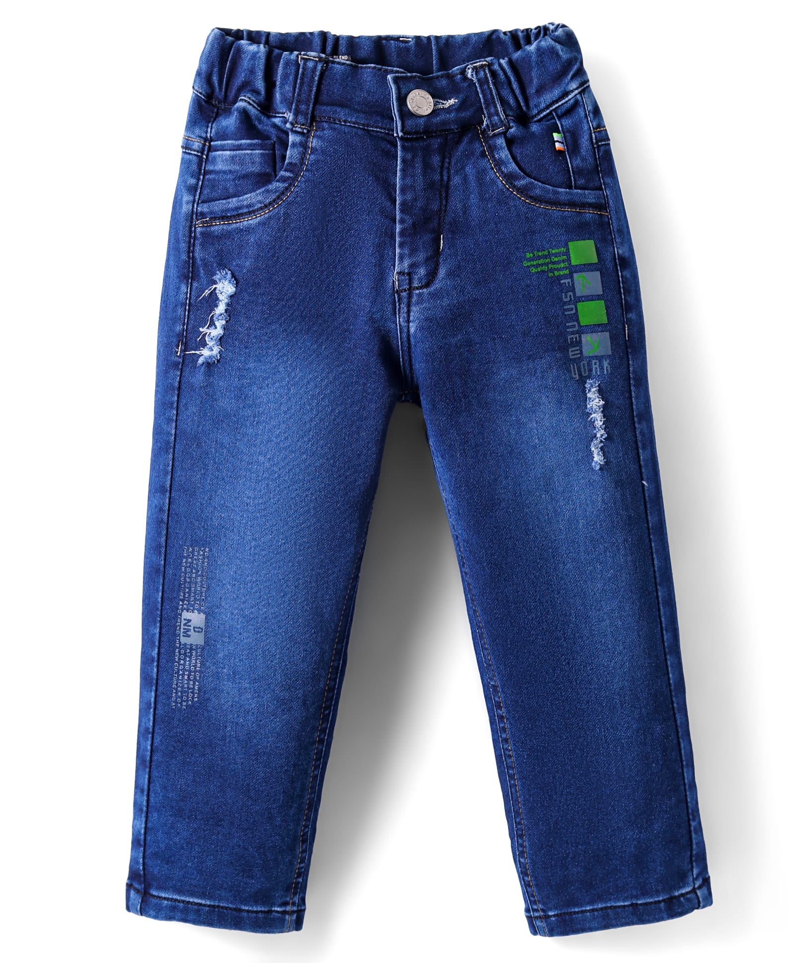 Olio Kids Full Length Distressed Denim Jeans with Text Print - Blue-image-32