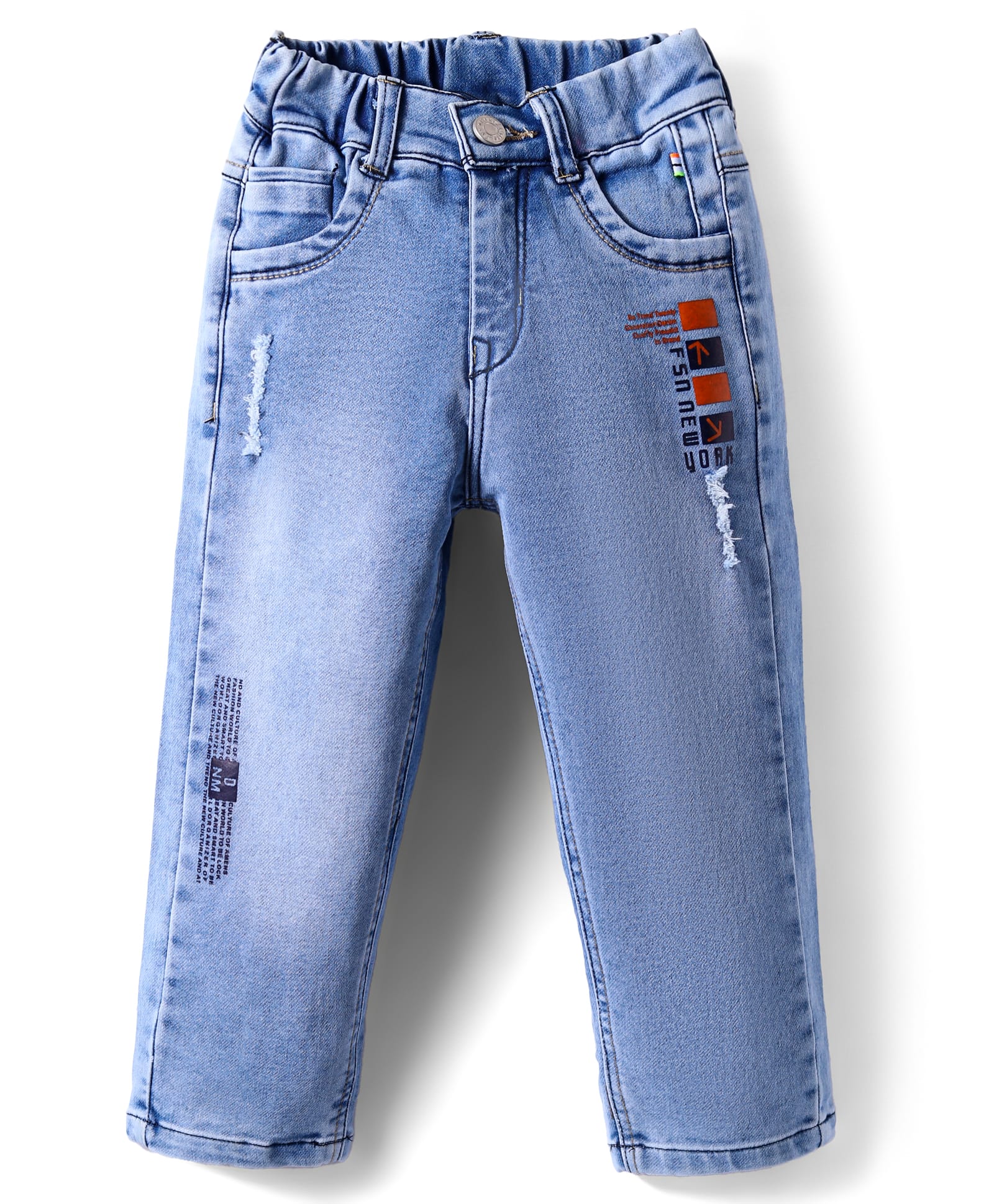 Olio Kids Full Length Distressed Denim Jeans with Text Print - Light Blue-picture-21