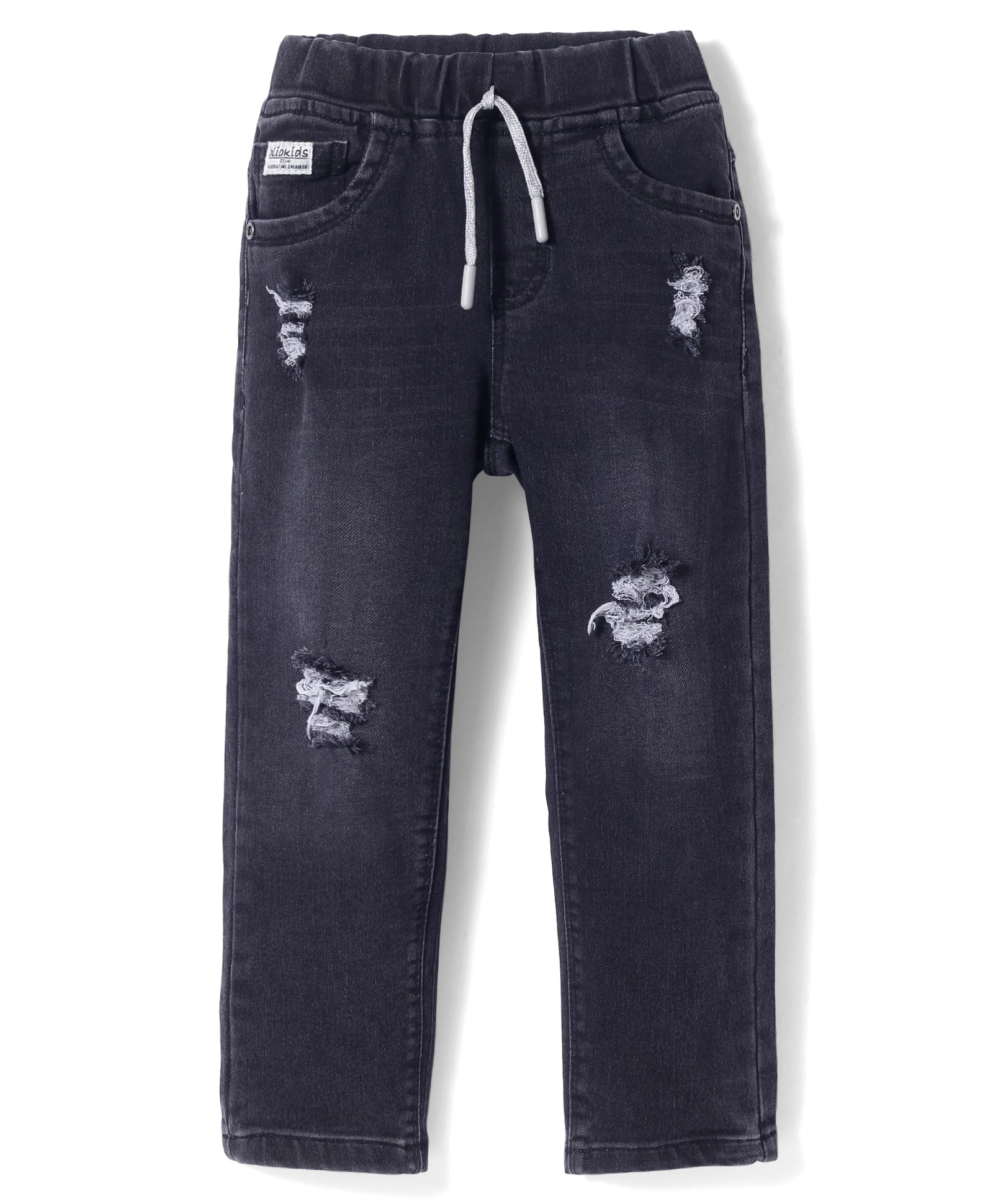 Olio Kids Denim Woven Knit Full Length Solid Color Distressed Jeans - Black-image-16