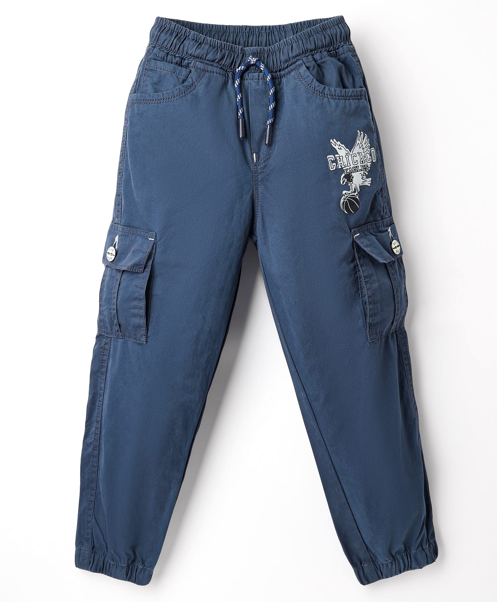 Olio Kids Cotton Woven Full Length Trousers With Cargo Pockets & Eagle Print - Navy Blue-picture-13