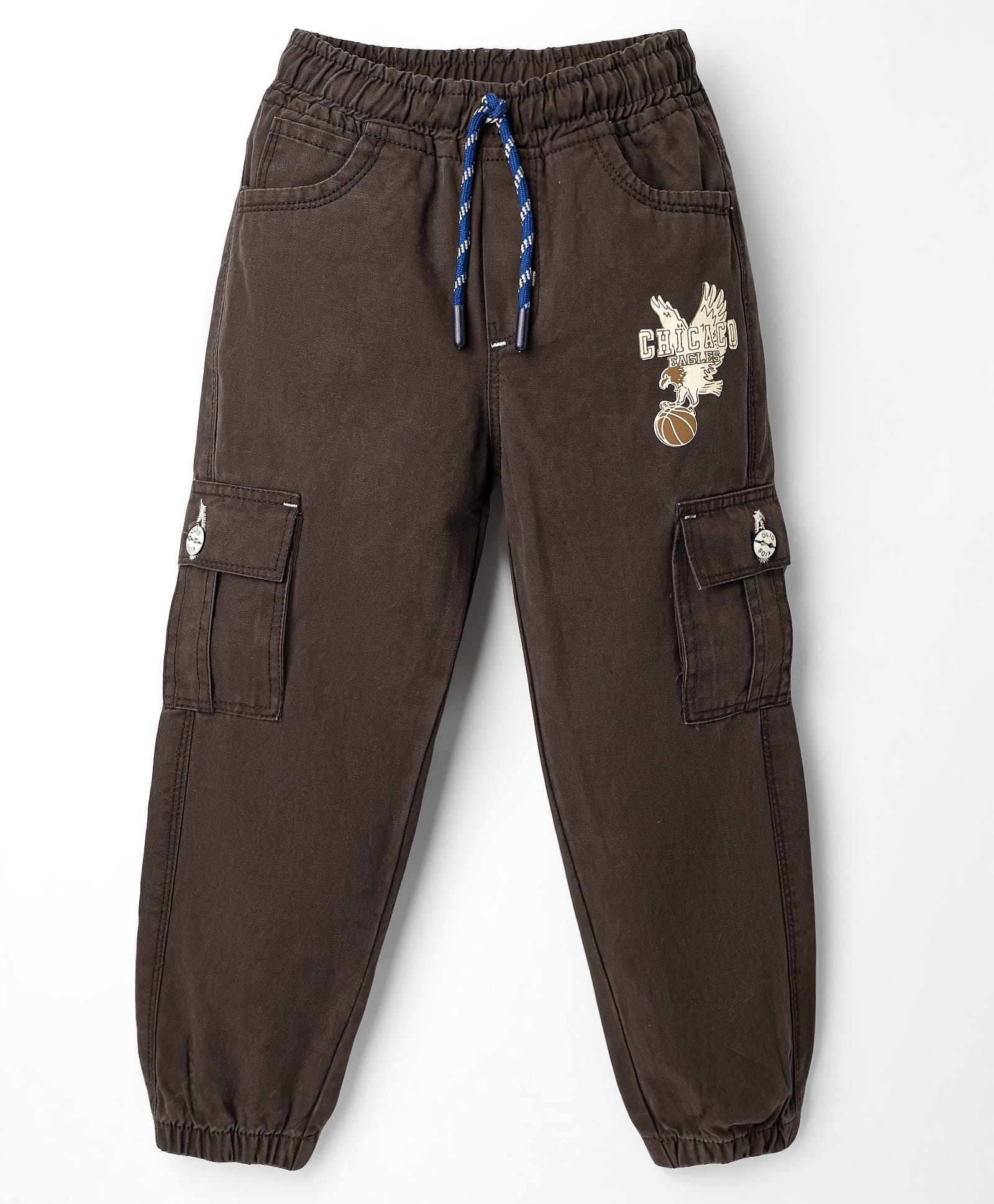 Olio Kids Cotton Woven Full Length Trousers With Cargo Pockets & Eagle Print - Dark Brown-picture-11