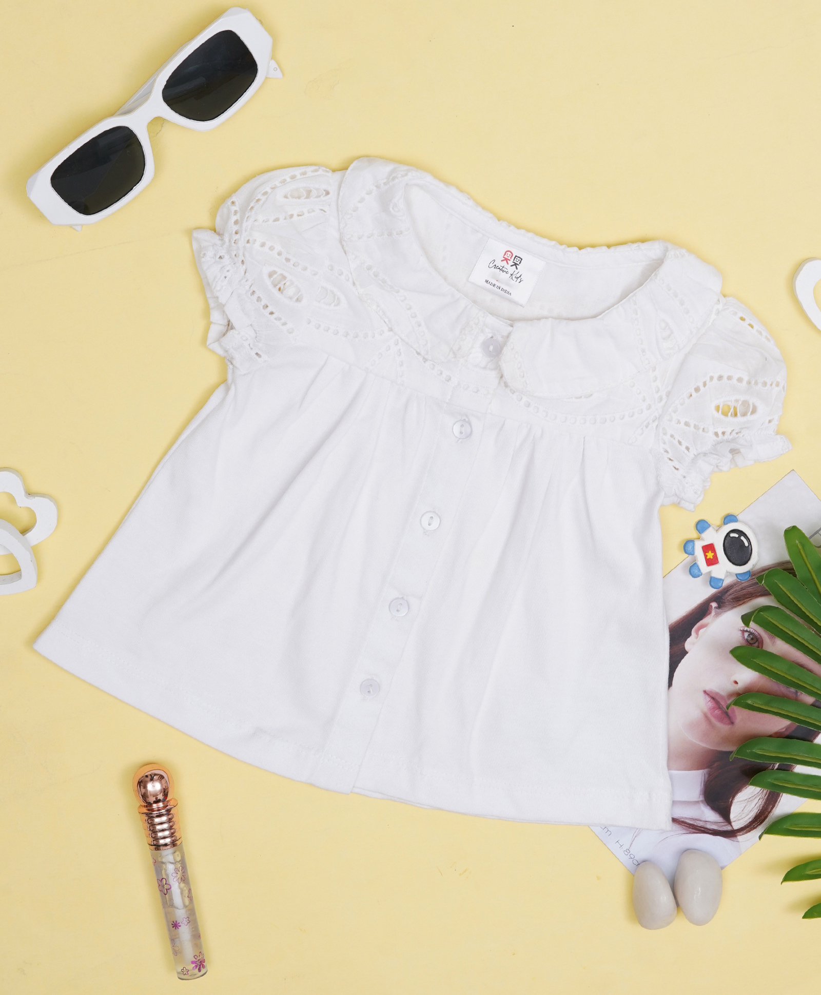 Creative Kids Cotton Half Puffed Sleeves Schiffli Embroidered Top - White-picture-21