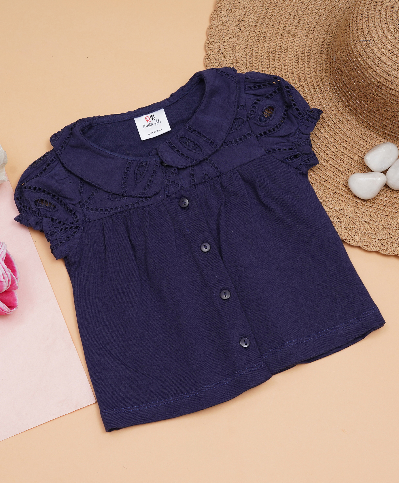 Creative Kids Cotton Half Puffed Sleeves Schiffli Embroidered Top - Navy Blue-picture-11