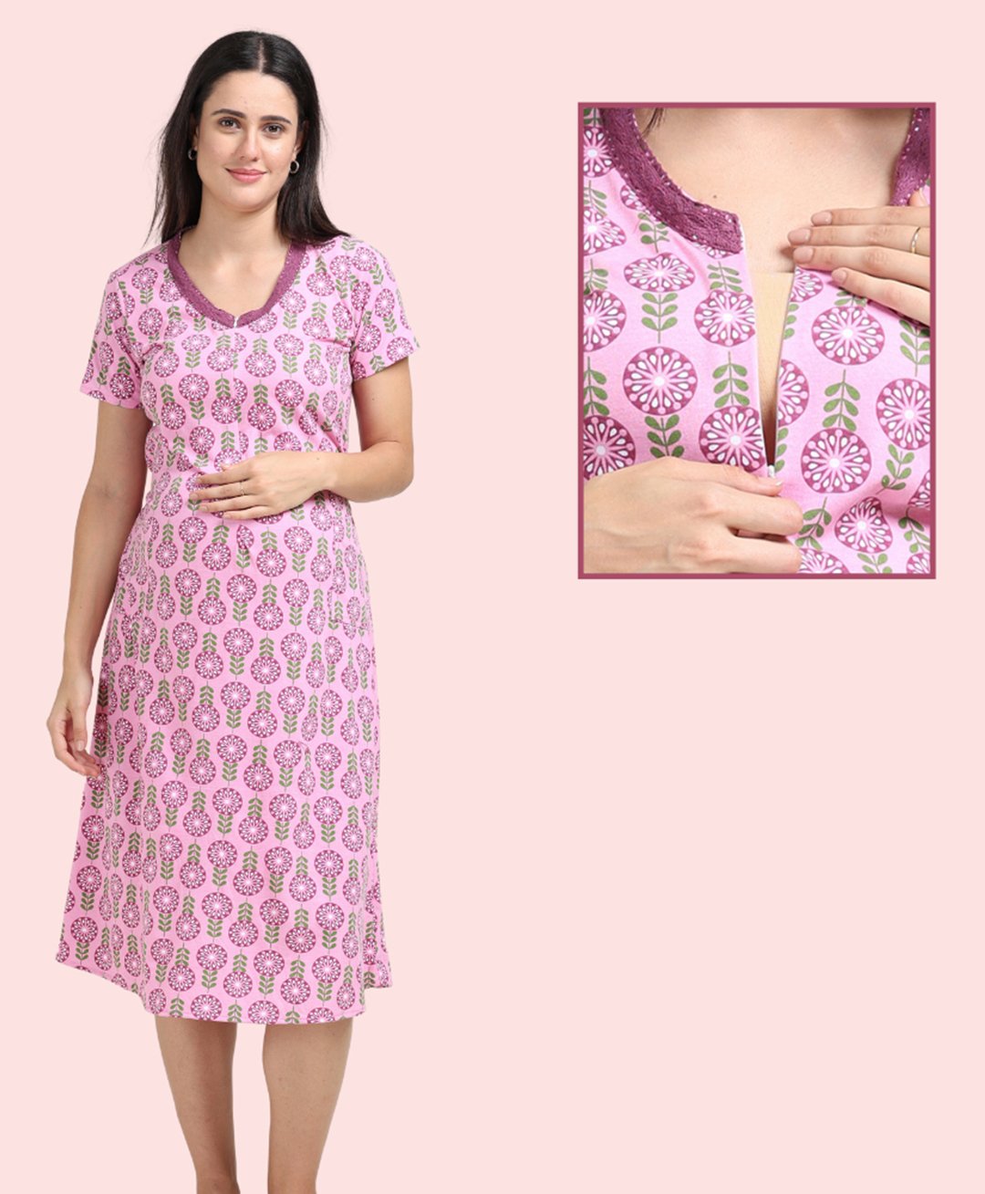 Morph Cotton Half Sleeves Floral Printed Maternity Dress With Nursing Access - Pink-picture-41