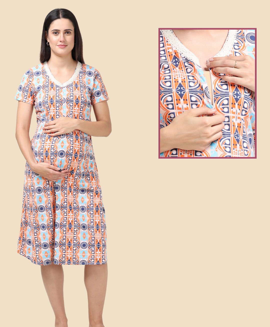 Morph Cotton Half Sleeves Abstract Printed Dress With Nursing Access - Orange-picture-16