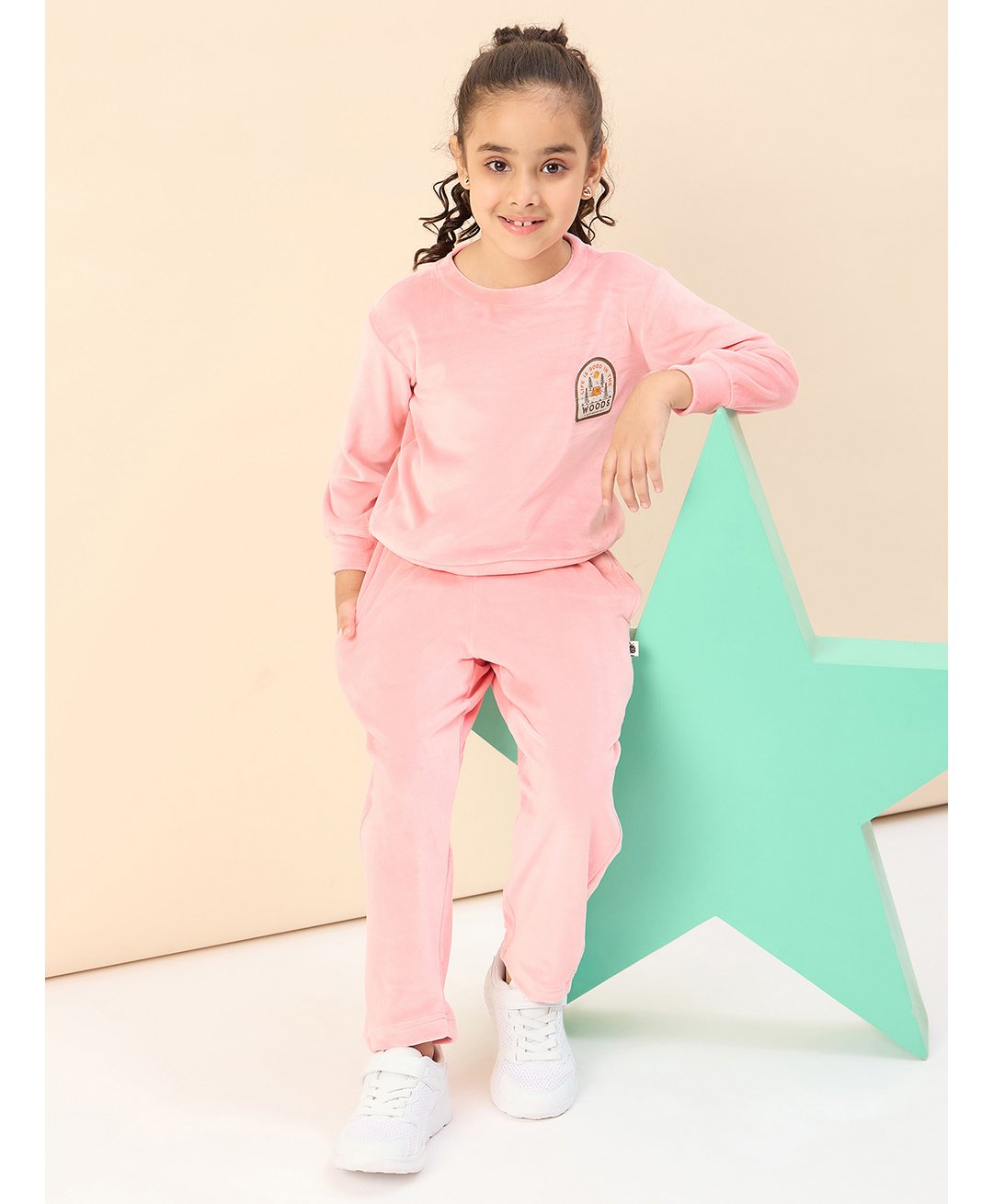 stylobug Stylo Bug Velvet Full Sleeves Woods Text Patch Detailed Tee With Coordinating Track Pant - Peach-picture-13