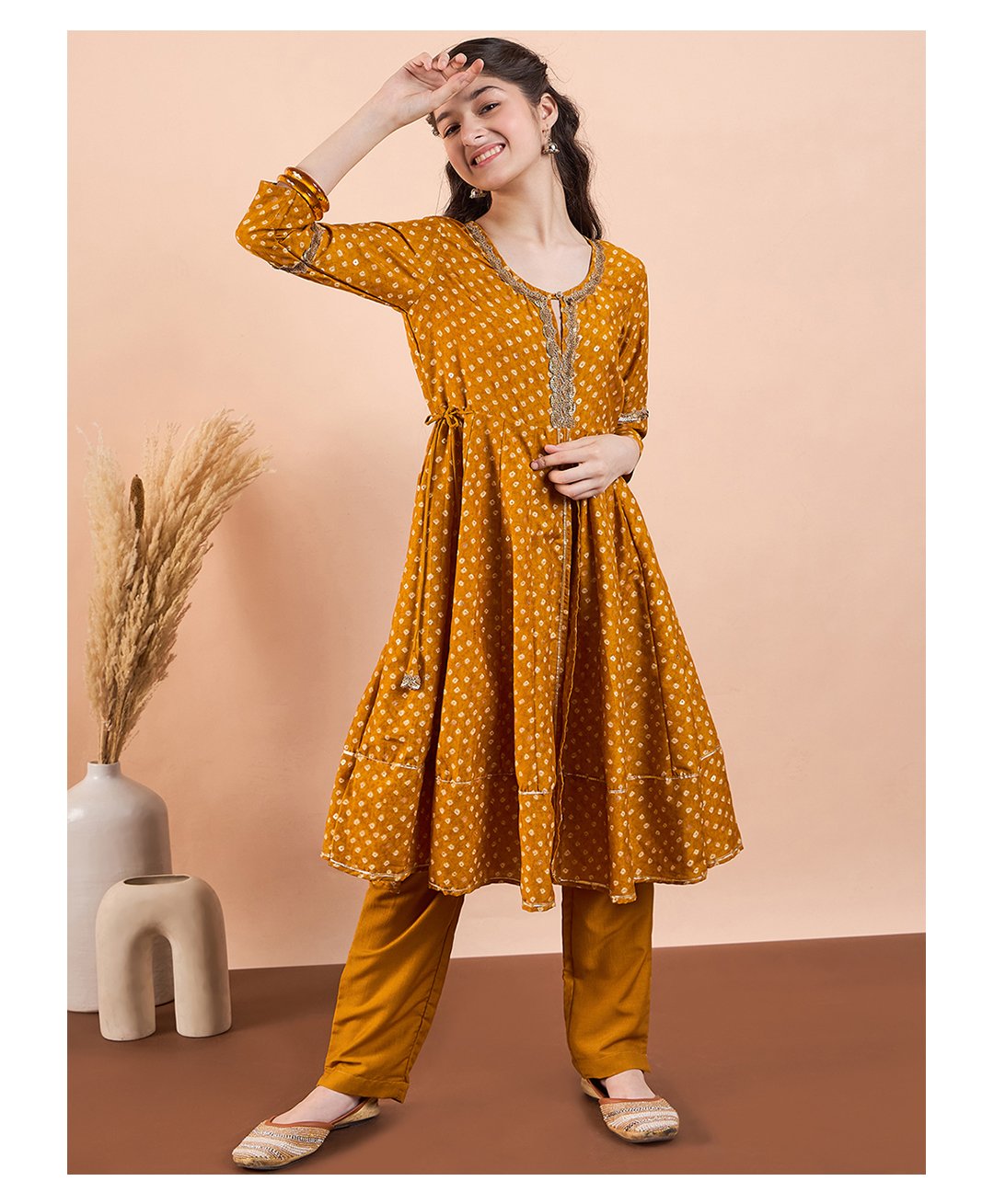 Stylo Bug Three Fourth Sleeves Bandhani Designed & Lace Embellished Kurta With Salwar Set - Yellow-image-20