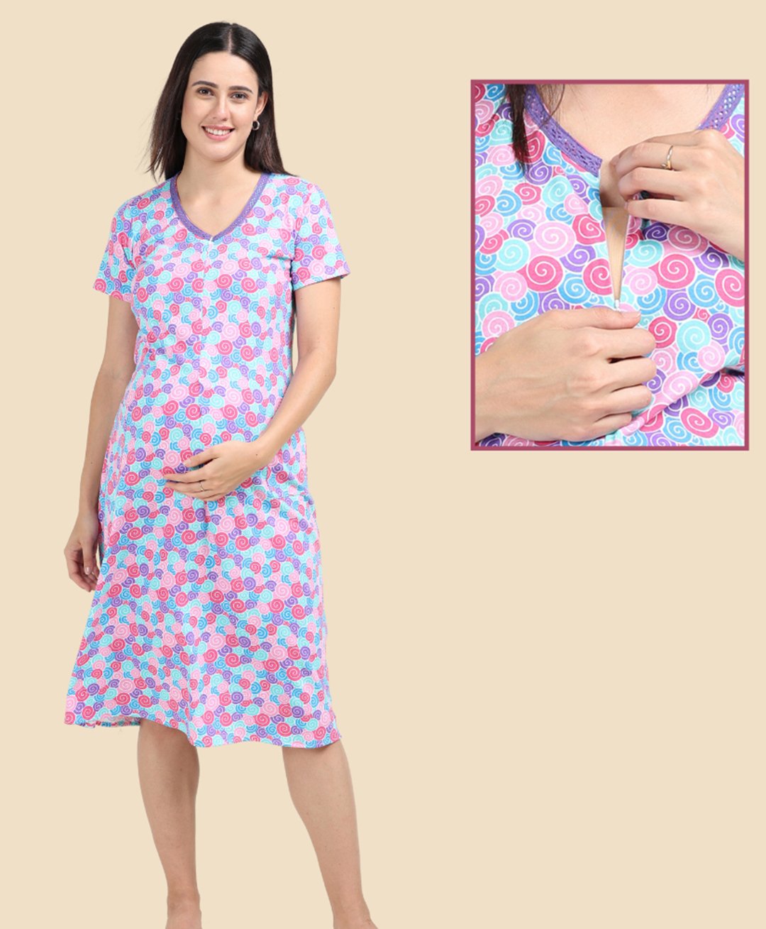 Morph Cotton Half Sleeves Swirls Printed Maternity Dress With Nursing Access - Blue-image-31