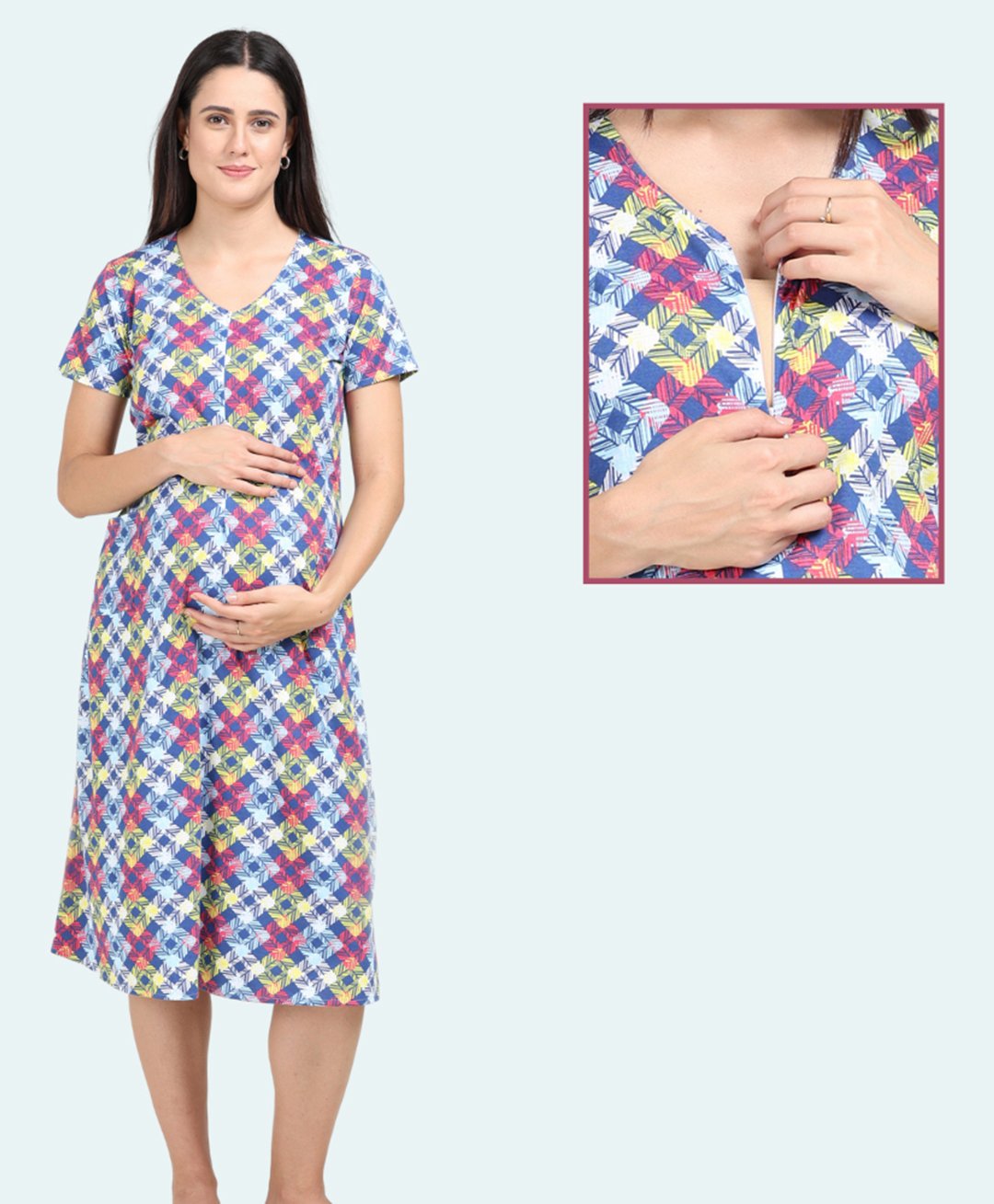 Morph Cotton Half Sleeves Checked Maternity Dress With Nursing Access - Navy Blue-image-7