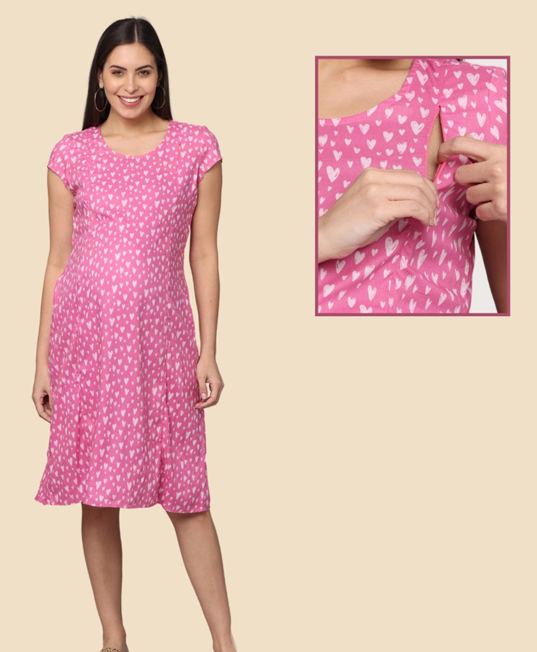 Morph Cotton Half Sleeves Hearts Printed Dress With Nursing Access - Pink-image-32
