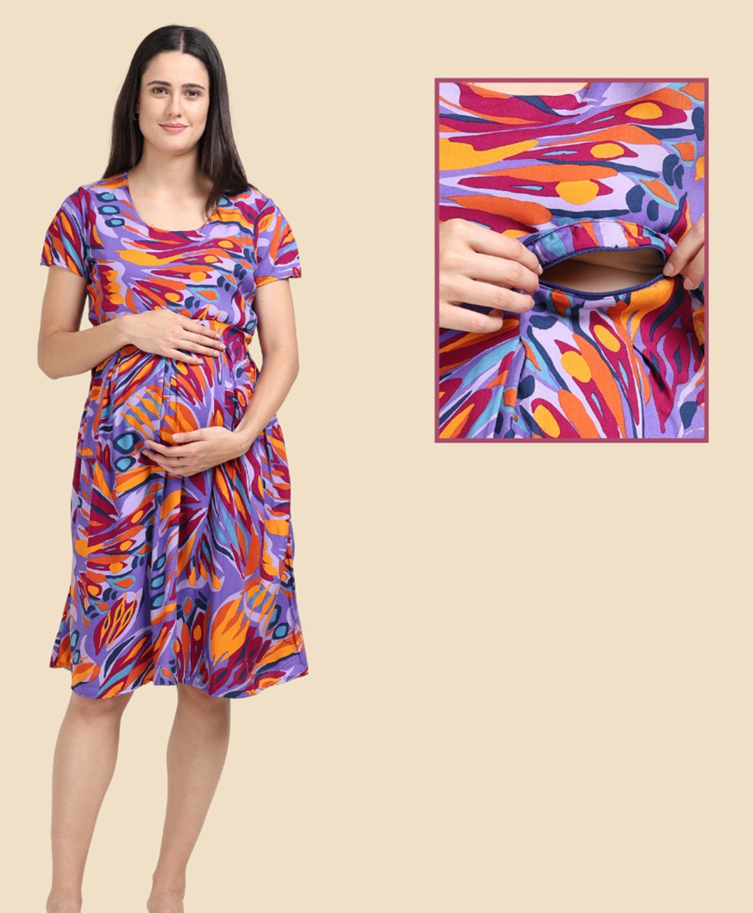 Morph Cotton Half Sleeves Abstract Printed Dress With Nursing Access - Lavender-image-26