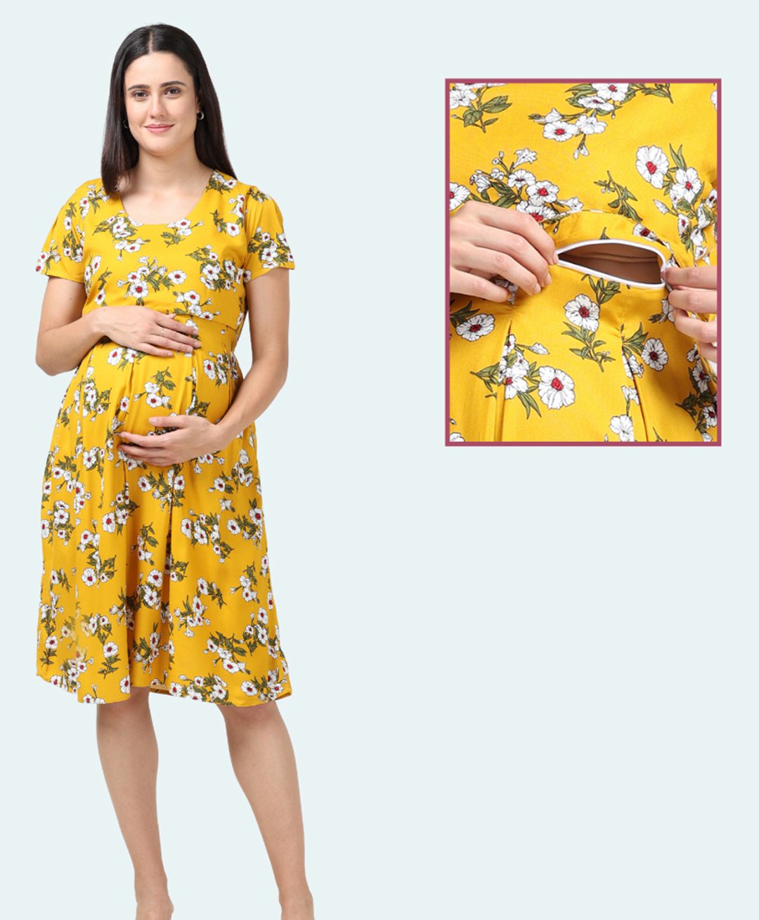 Morph Cotton Half Sleeves Floral Printed Dress With Nursing Access - Yellow-picture-42