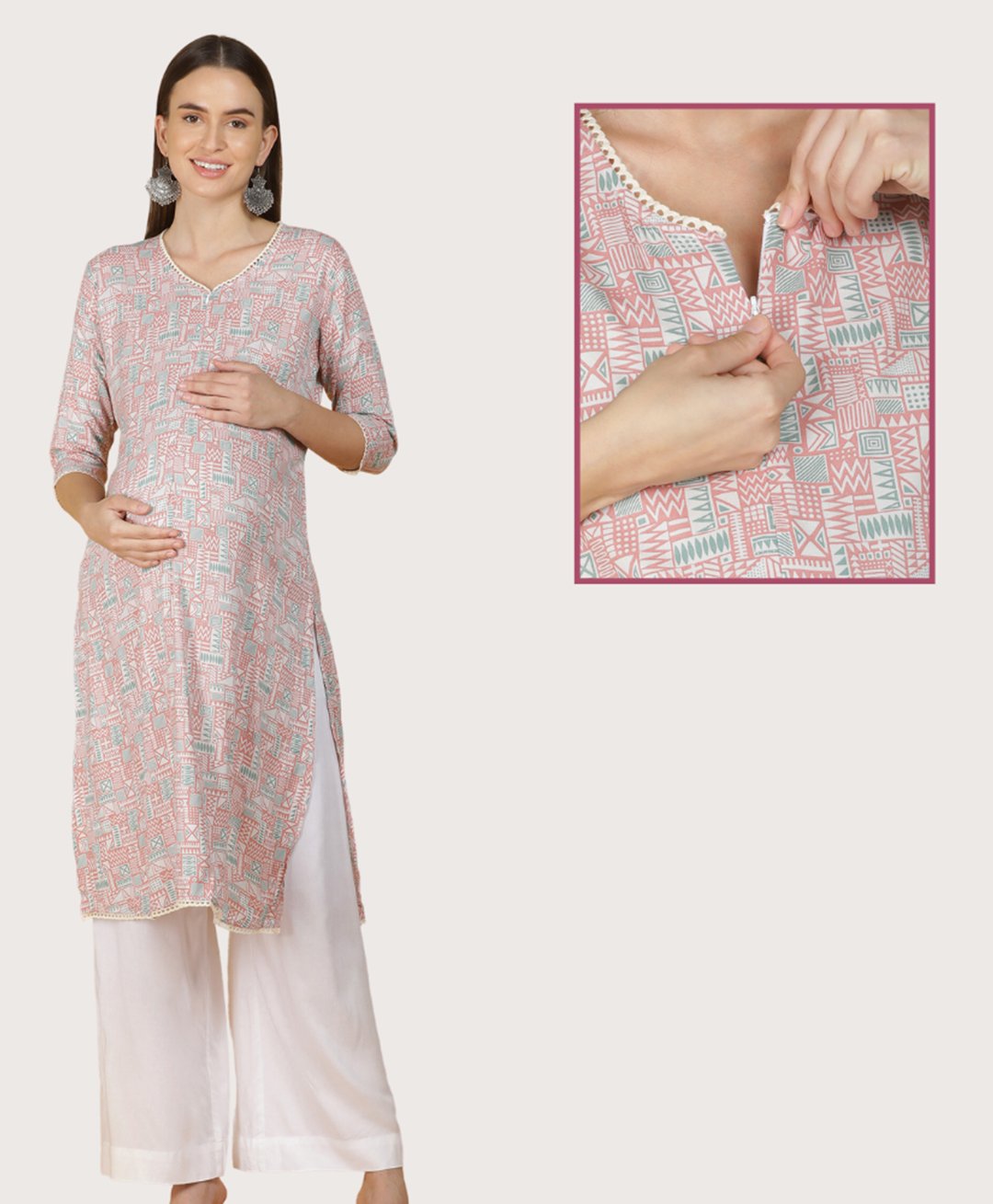 Morph Cotton Three Fourth Sleeves Abstract Printed Maternity Kurta With Zip Nursing Access - Red-picture-19