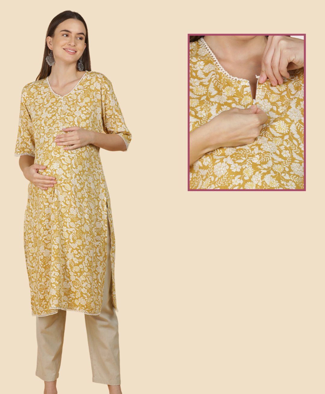 Morph Cotton Three Fourth Sleeves Floral Printed Maternity Kurta With Zip Nursing Access - Yellow-picture-14