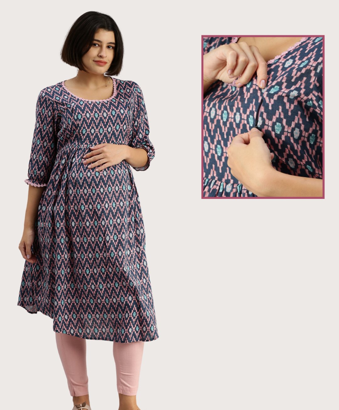 Morph Cotton Three Fourth Sleeves Ethnic Printed Maternity Kurta With Zip Nursing Access - Blue-image-12