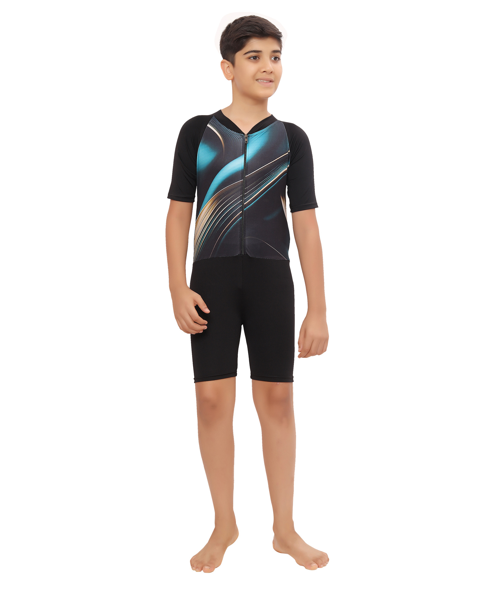 Bosky Swimwear Half Raglan Sleeves Legged Swimsuit Abstract Print - Black-picture-35