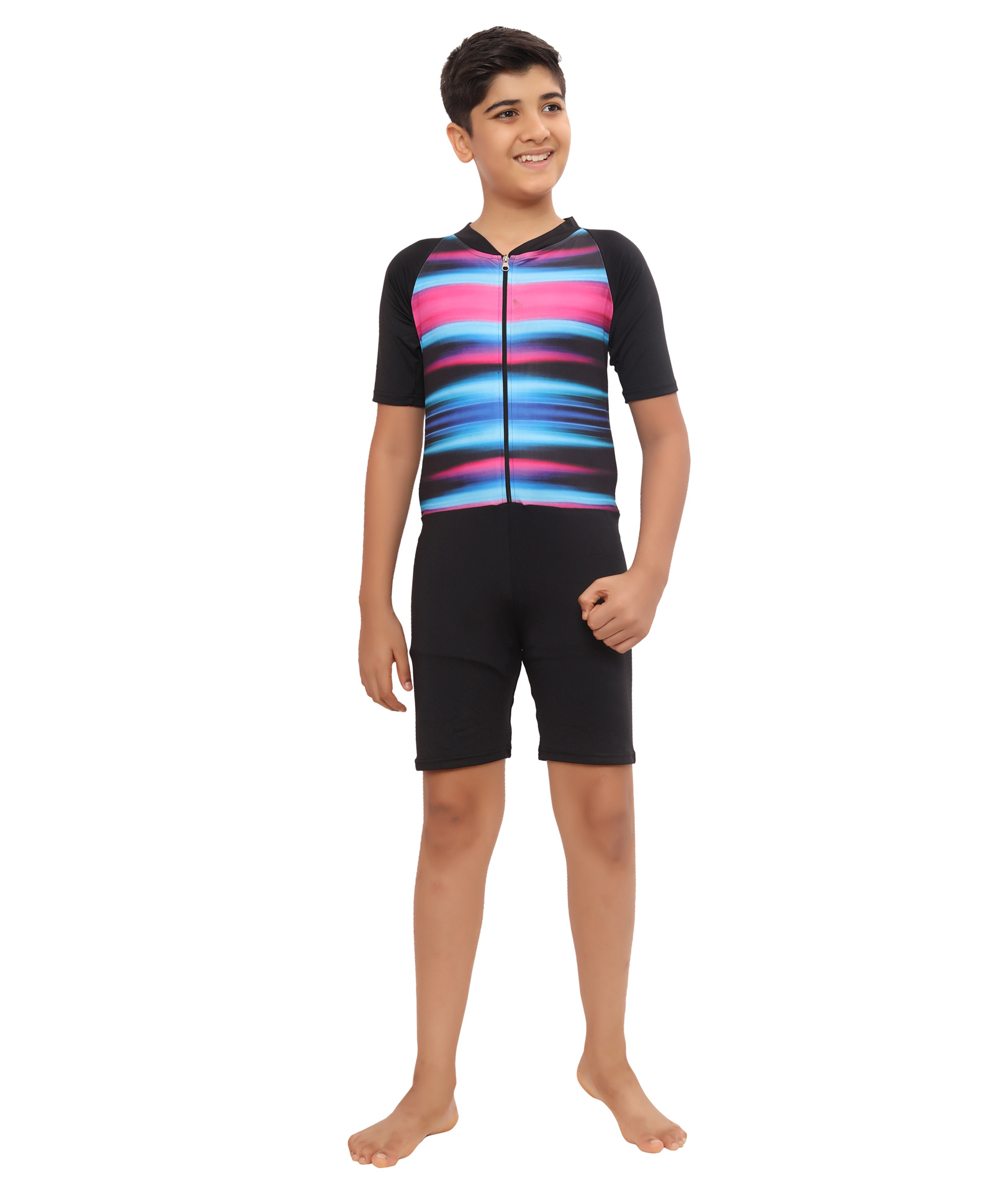Bosky Swimwear Half Raglan Sleeves Legged Swimsuit Abstract Print - Black-picture-29