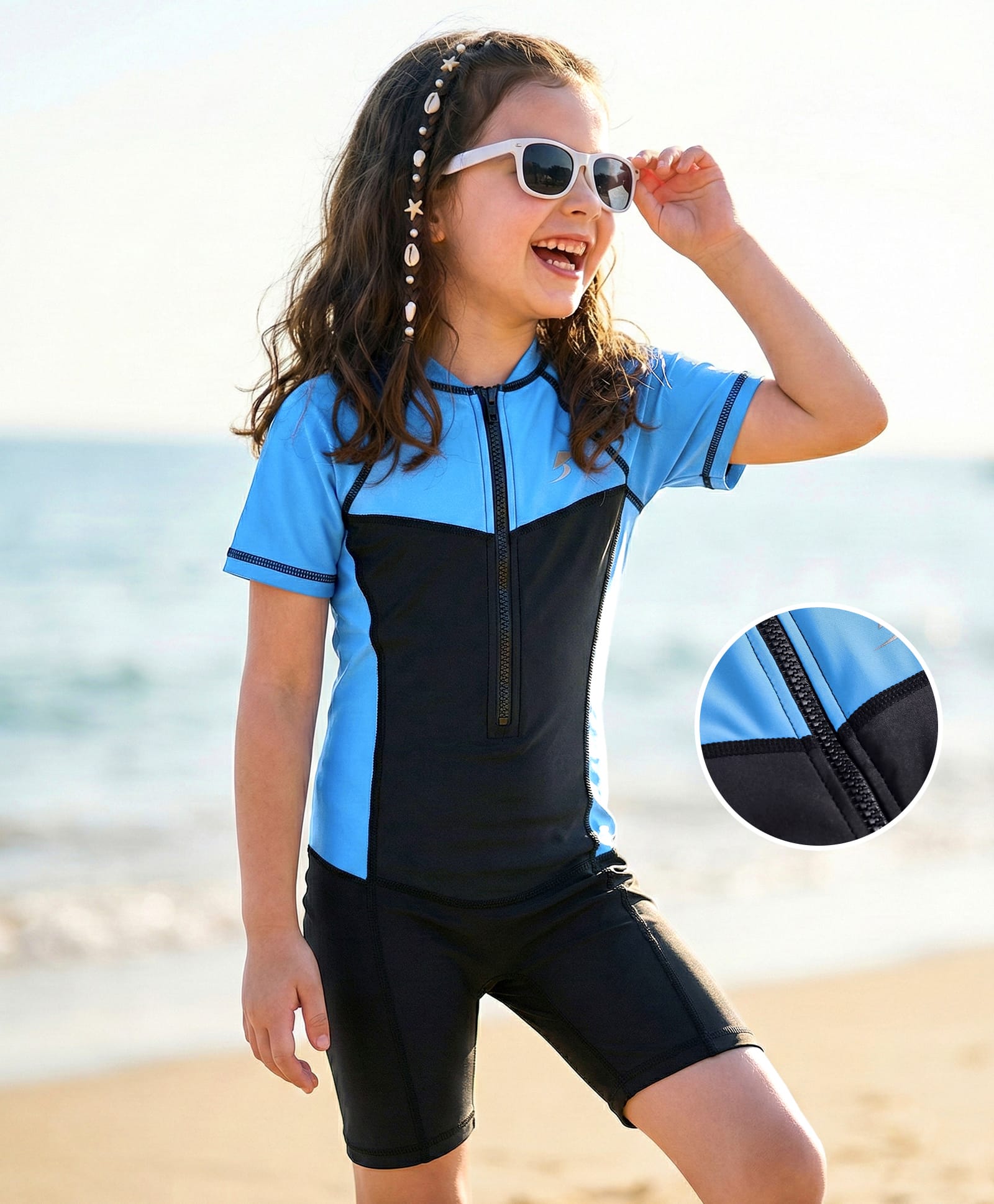 Bosky Swimwear Half Raglan Sleeves Legged Swimsuit with Cut & Sew Design - Blue-picture-21
