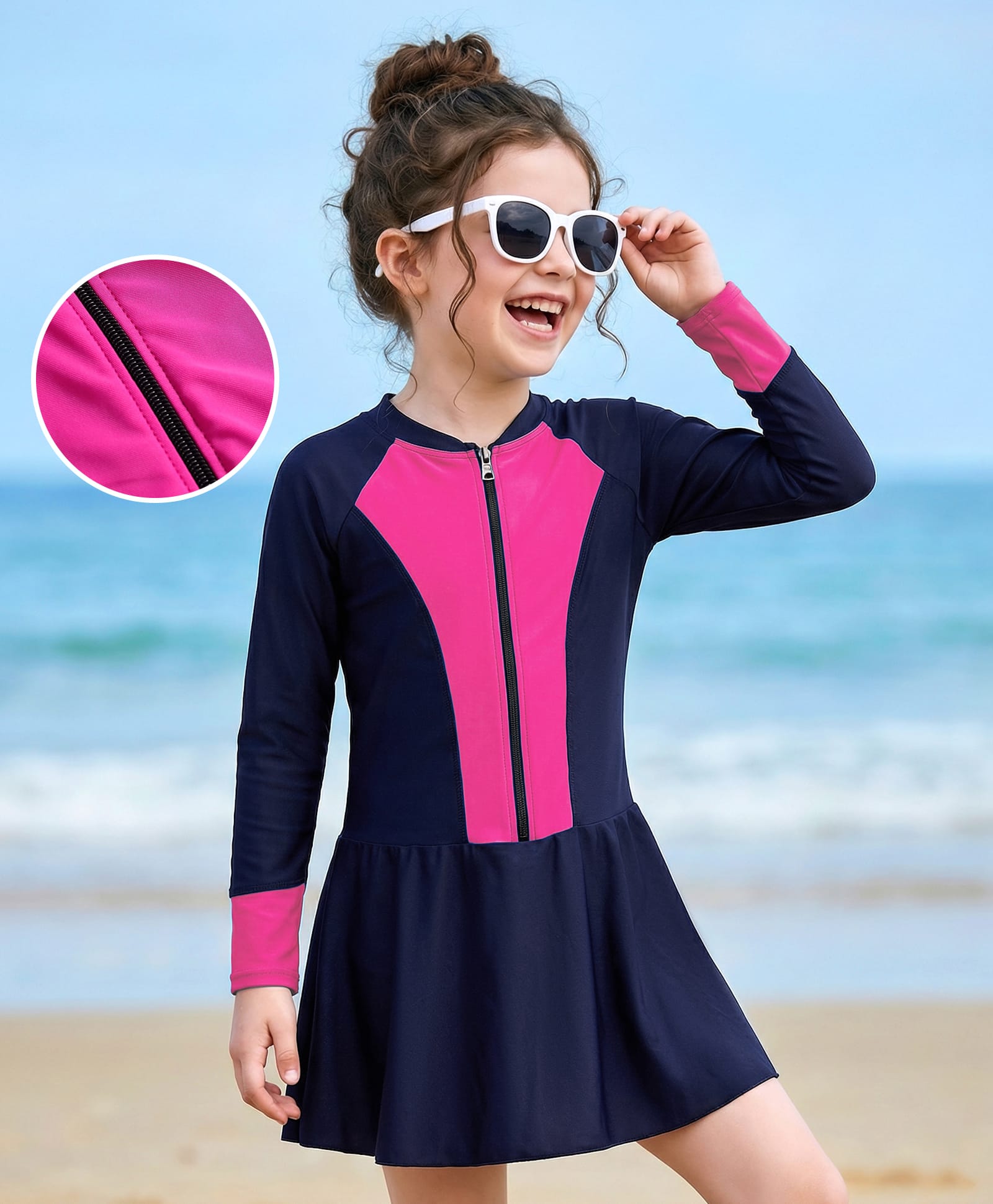 Bosky Swimwear Full Raglan Sleeves Frock Swimsuit with Cut & Sew Design - Navy & Pink
