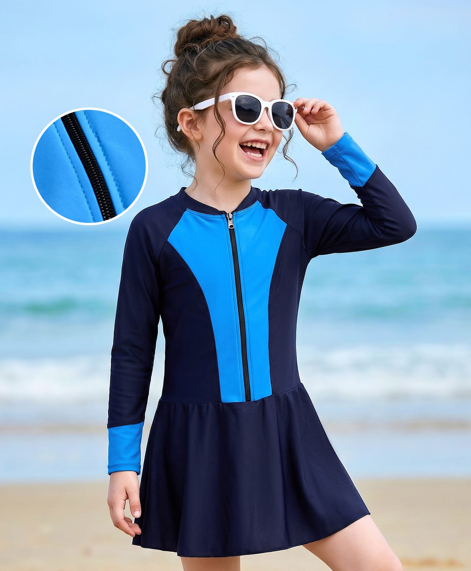 Bosky Swimwear Full Raglan Sleeves Frock Swimsuit with Cut & Sew Design - Blue-picture-24