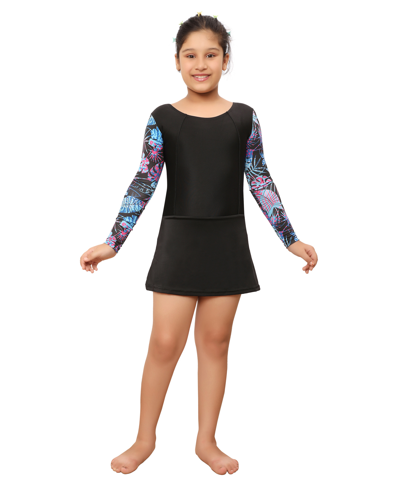 bosky swimwear Bosky Full Sleeves Frock Swimsuit with Leafy Print - Black-picture-19