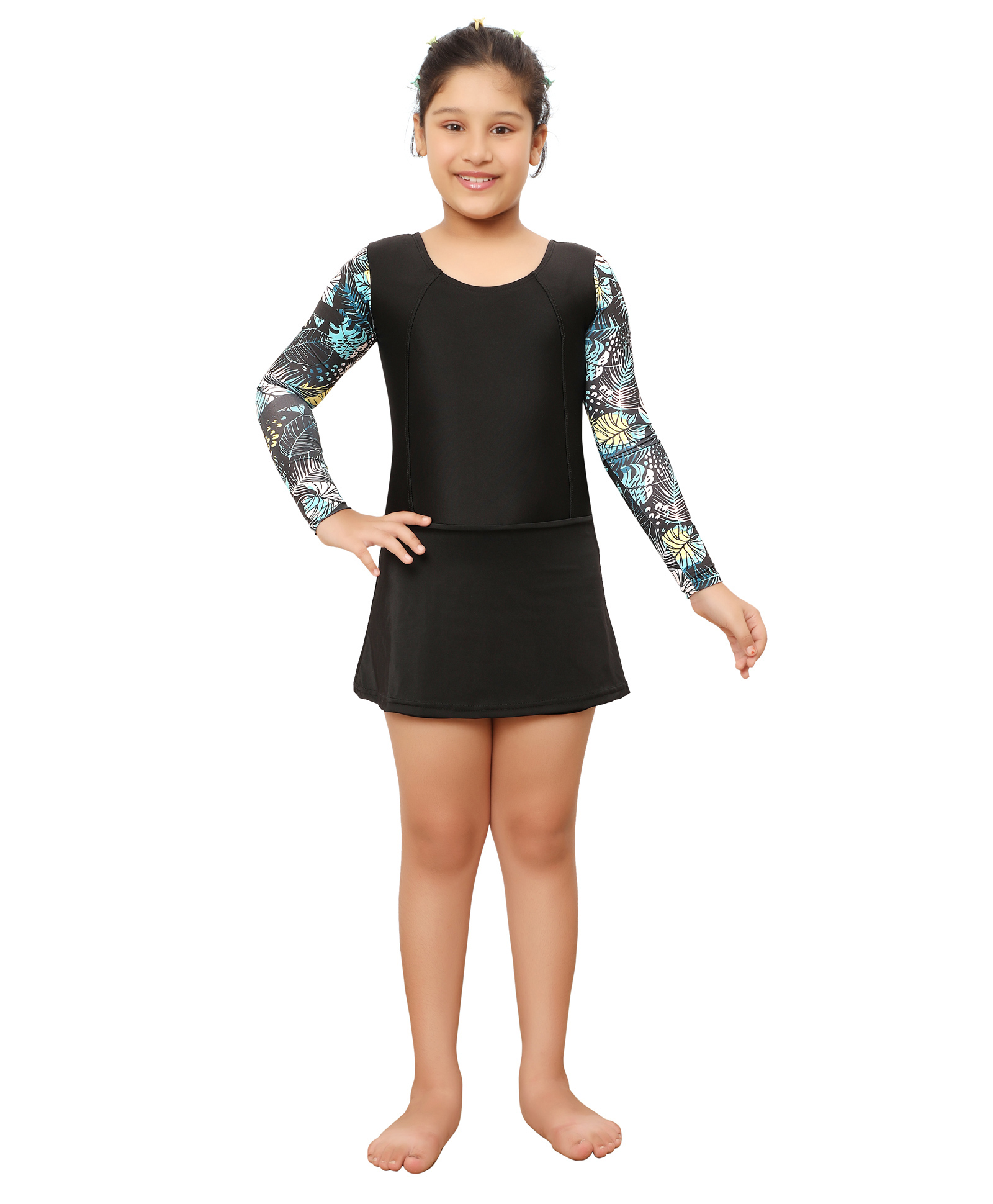 Bosky Swimwear Bosky Full Sleeves Frock Swimsuit with Leafy Print - Black & Olive Green-image-16