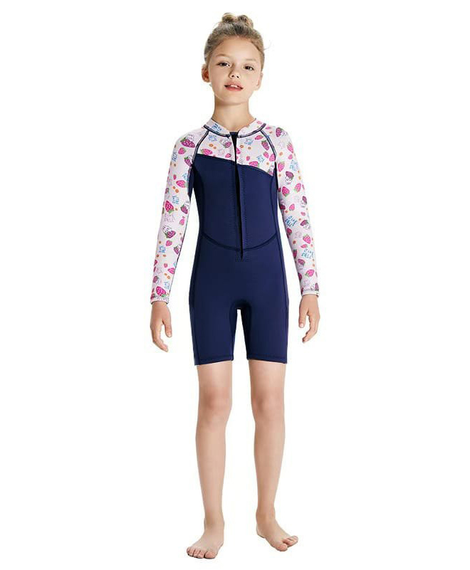 Bosky Swimwear Full Raglan Sleeves Strawberry Printed Legged Swimsuit with Cut & Sew Design - Pink & White-image-40