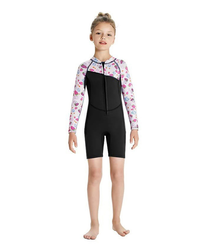 Bosky Swimwear Full Raglan Sleeves Strawberry Printed Legged Swimsuit with Cut & Sew Design - Pink & White-image-21