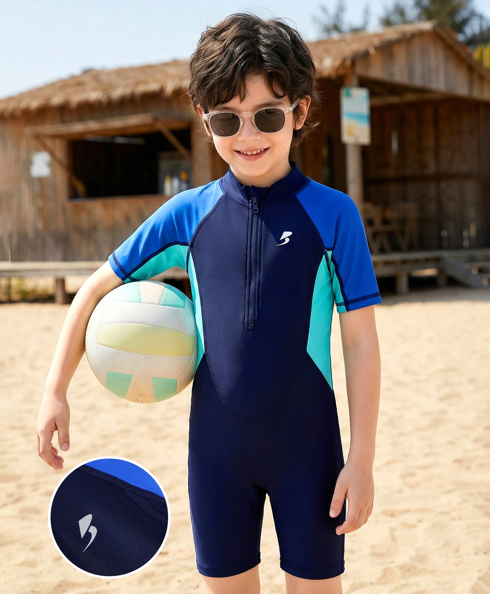 Bosky Swimwear Half Sleeves Legged Color Block Swimsuit - Navy Blue