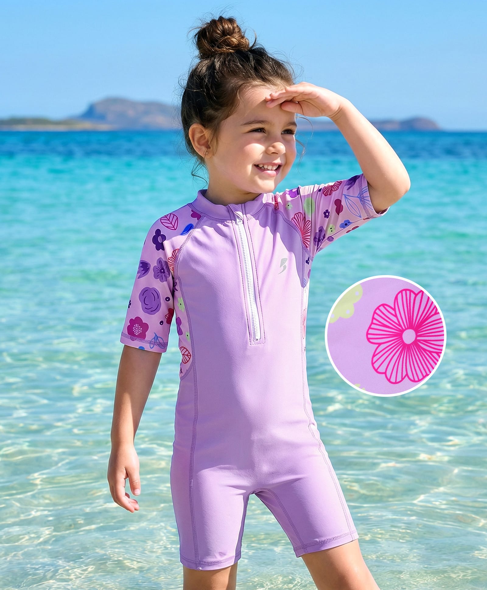 Bosky Swimwear Half Raglan Sleeves Legged Swimsuit With Floral Print - Purple-picture-27