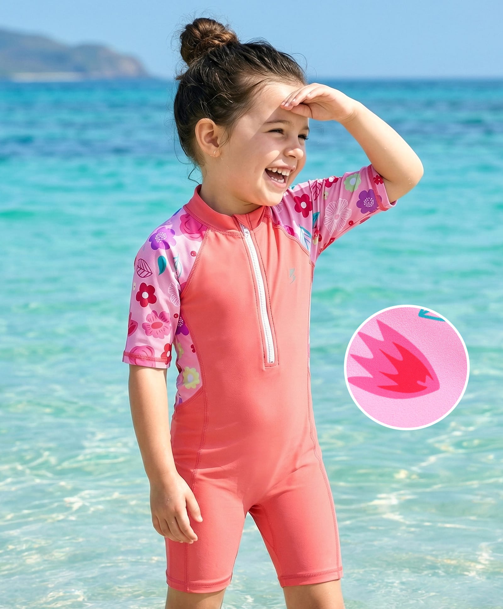 Bosky Swimwear Half Raglan Sleeves Legged Swimsuit With Floral Print - Peach