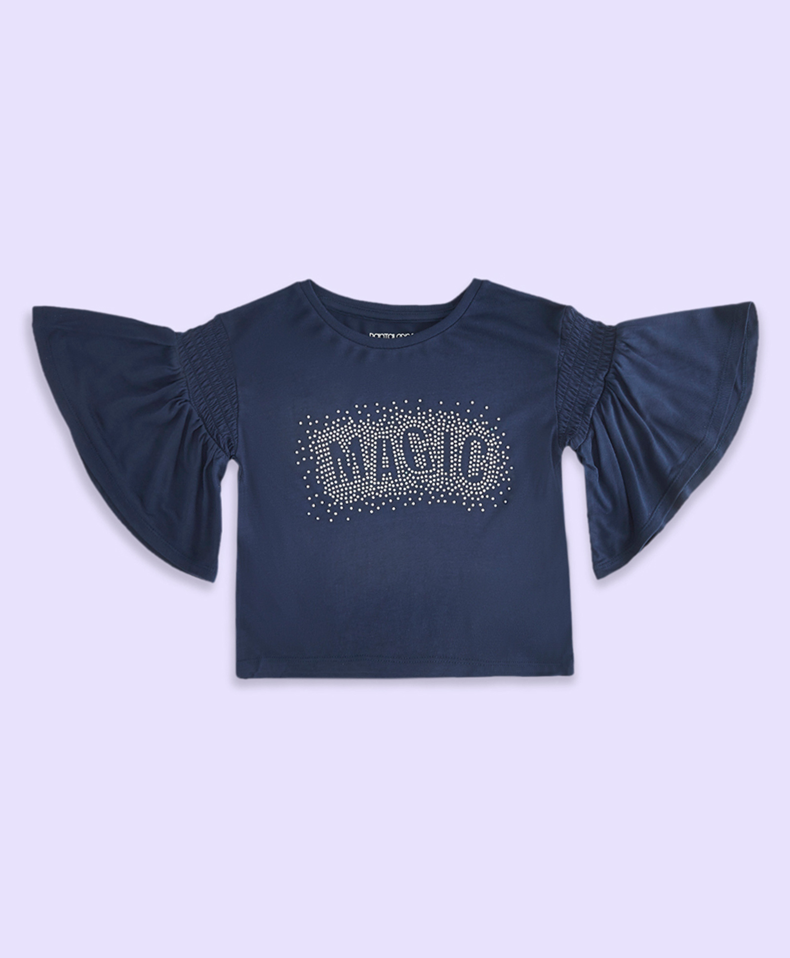 Pantaloons Junior Cotton Three Fourth Bell Sleeves Magic Text Polka Dots Printed Top - Navy Blue-picture-11