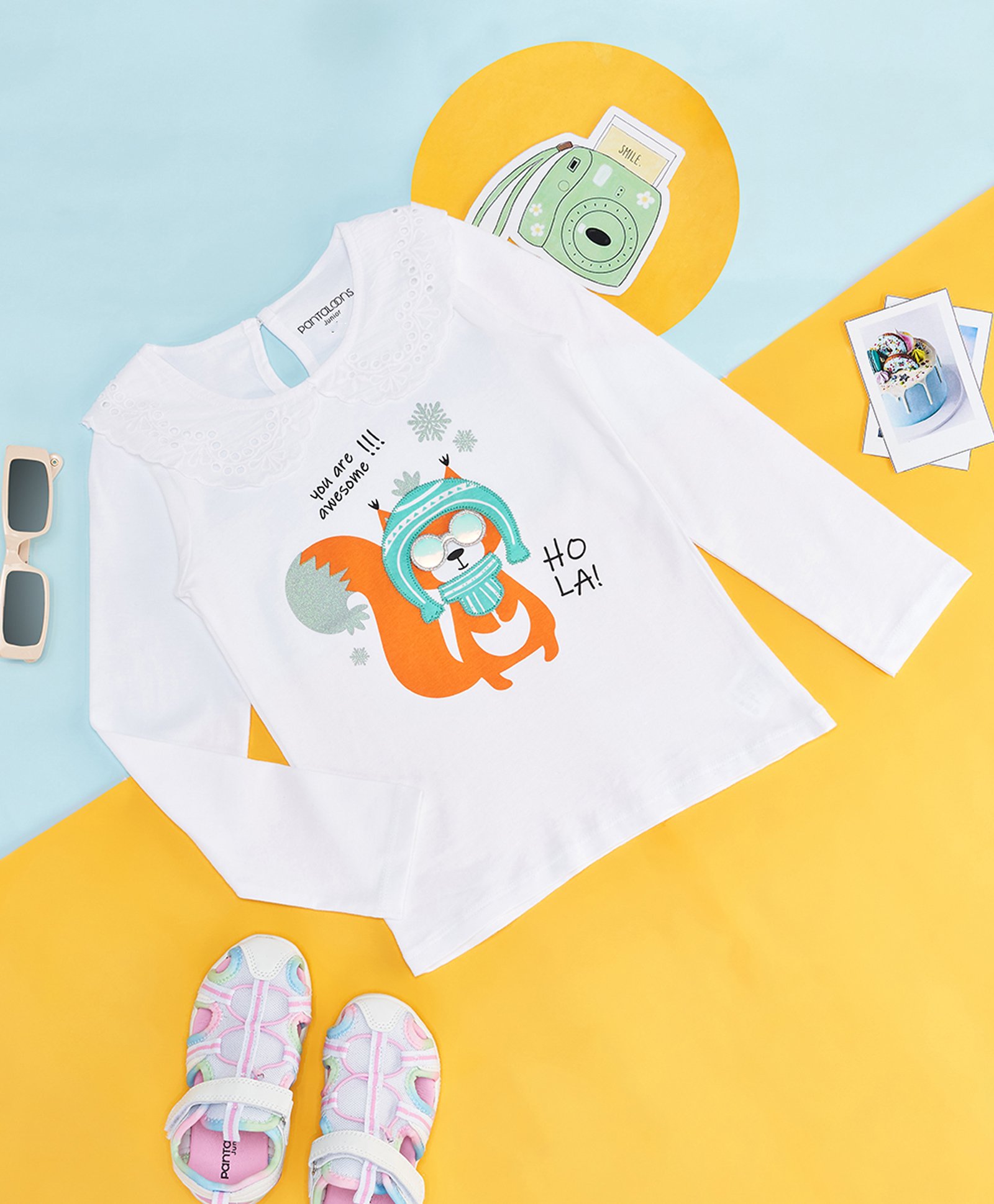 Pantaloons Junior Cotton Full Sleeves Schiffli Designed & Squirrel Printed Top - White-image-2