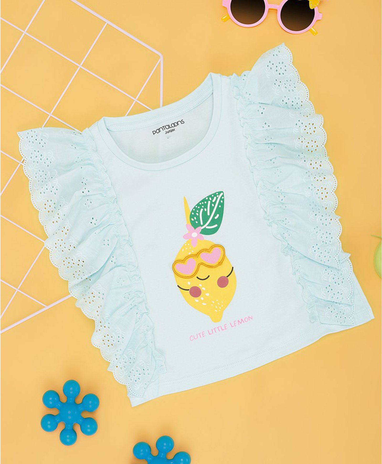 Pantaloons Junior Cotton Sleeveless Lemon Printed Frill Detailed Top - Light Blue-picture-38