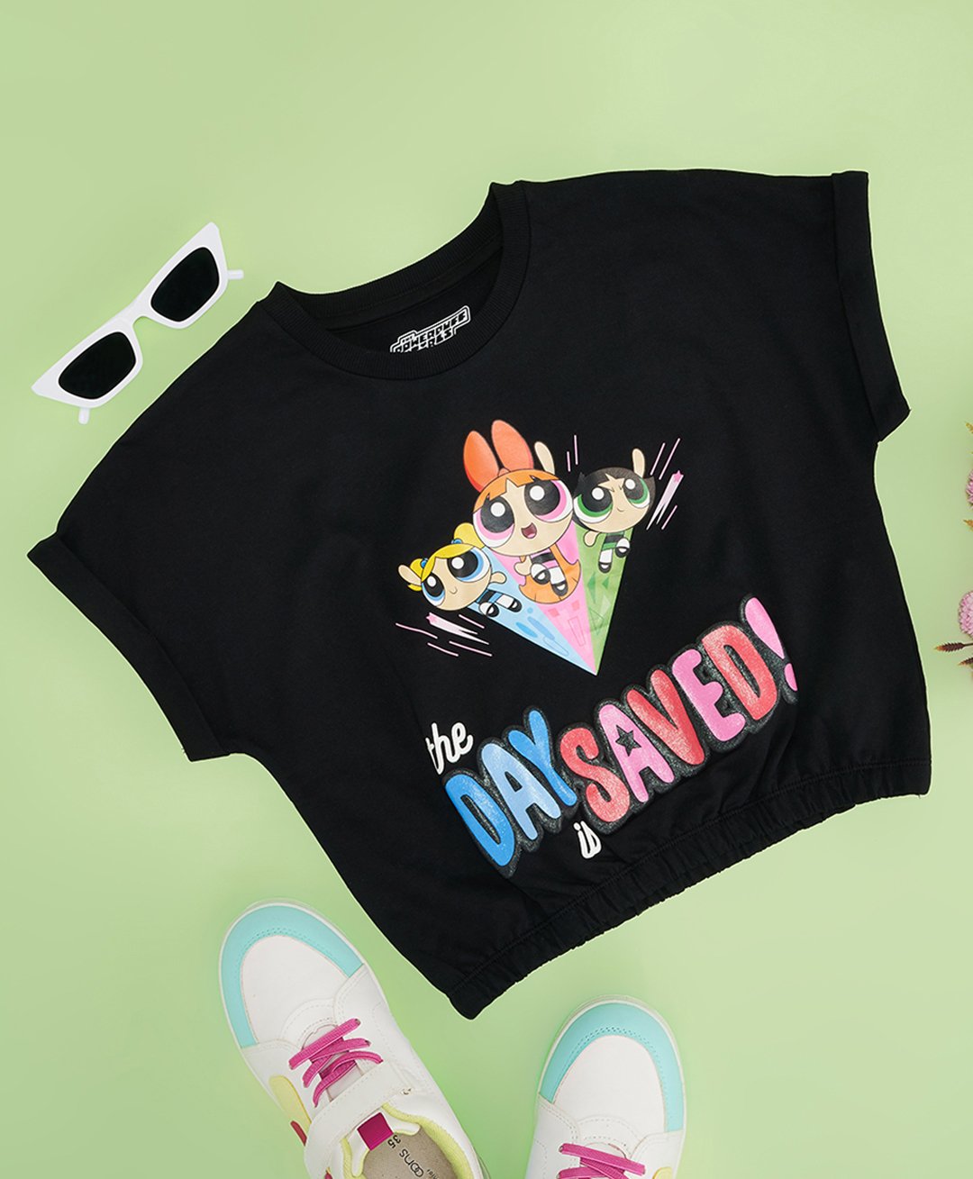 Pantaloons Junior Cotton Warner Bros Featuring Half Sleeves Powerpuff Girls Printed Crop Top - Black-picture-10