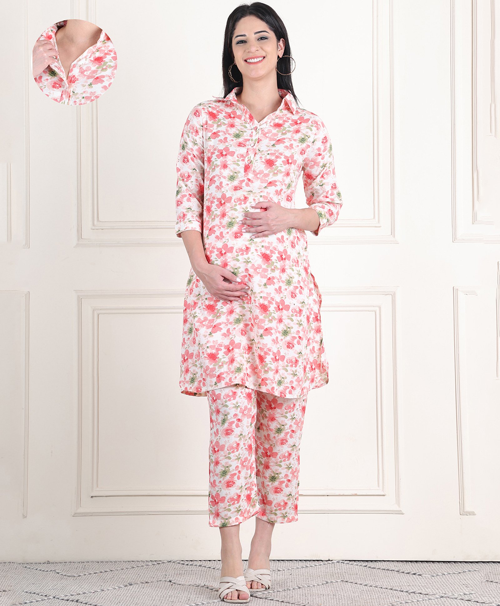 Moms Maternity Three Fourth Sleeves Floral Printed Maternity Kurta & Trouser With Nursing Access - Multi Colour-image-44