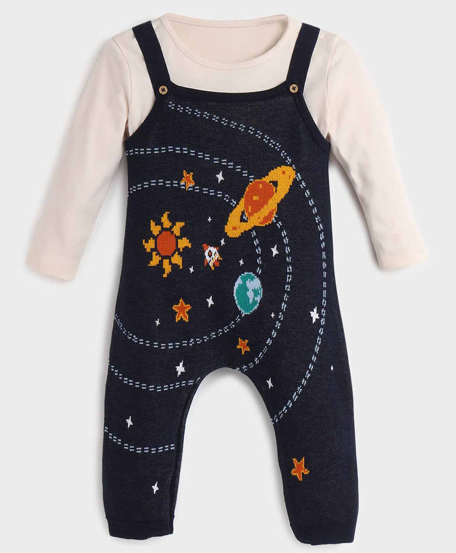 Somersault Cotton Space Theme Printed Dungaree With Full Sleeves Solid Tee Set - Blue-picture-27