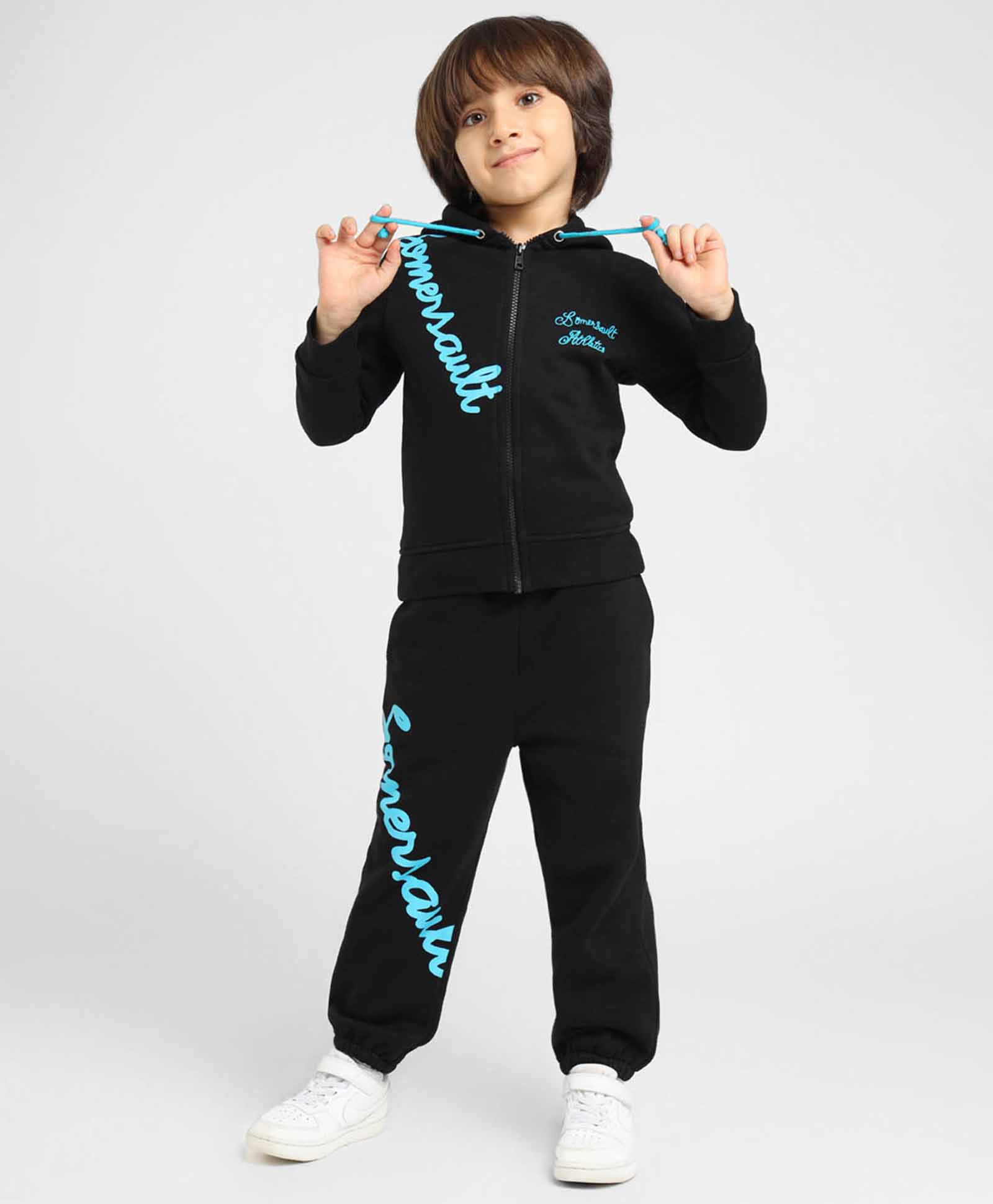 Somersault Full Sleeves Typography Printed HoodedSweatshirt With Coordinating Joggers Set - Black-picture-11