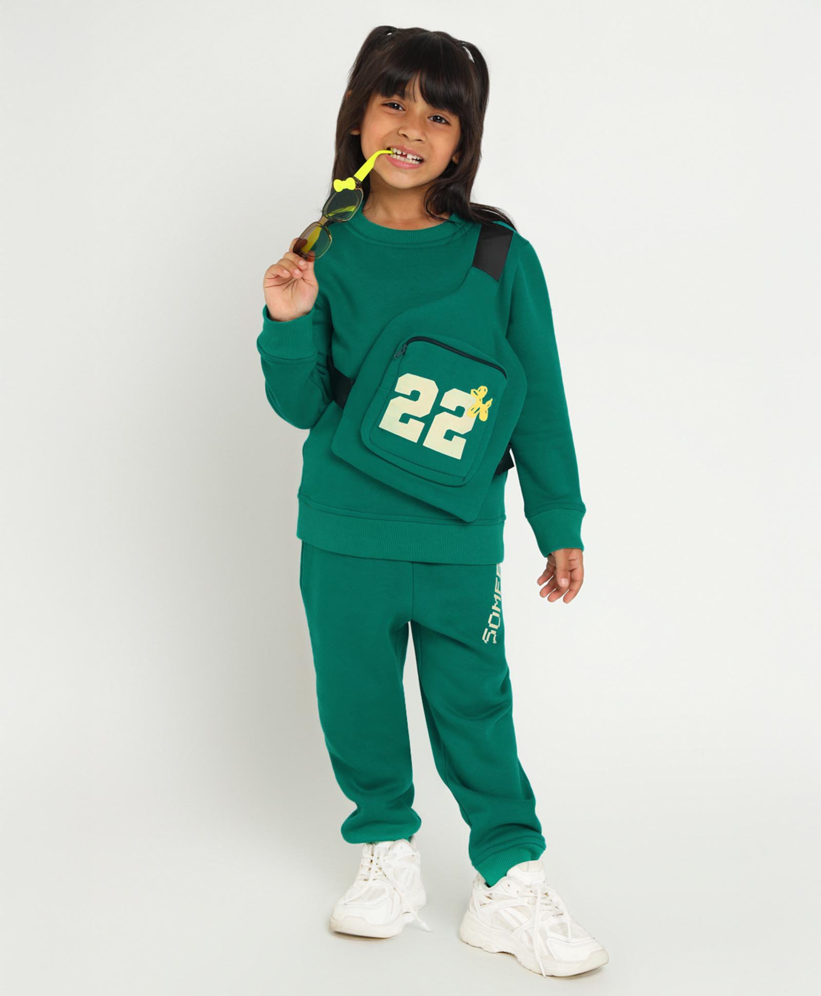 Somersault Full Sleeves Sweatshirt With Typography Printed Attached Bag & Joggers Set - Green-picture-12