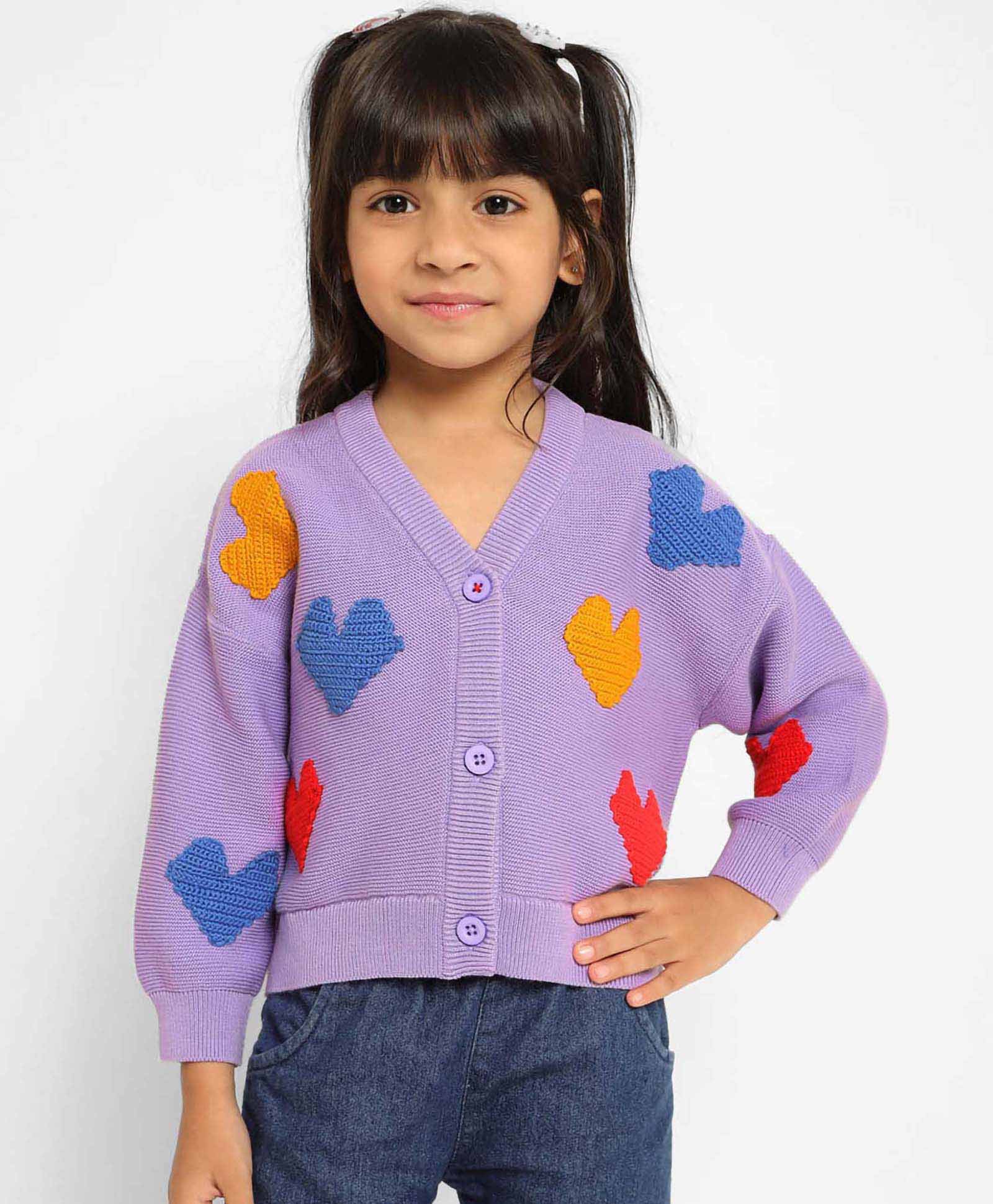 Somersault Cotton Full Sleeves Hearts Embroidered Cardigan - Purple-picture-24