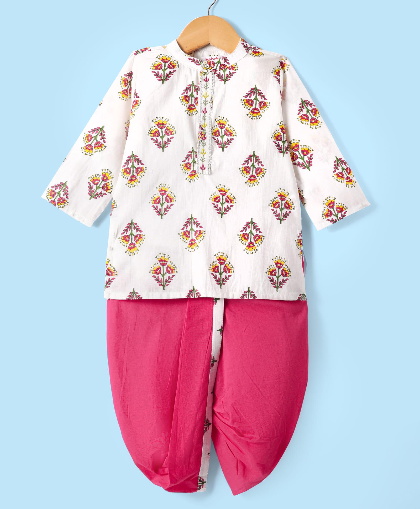 Babyhug Cotton Woven Full SleevesDhoti Kurta Set With Floral Print -White-picture-12