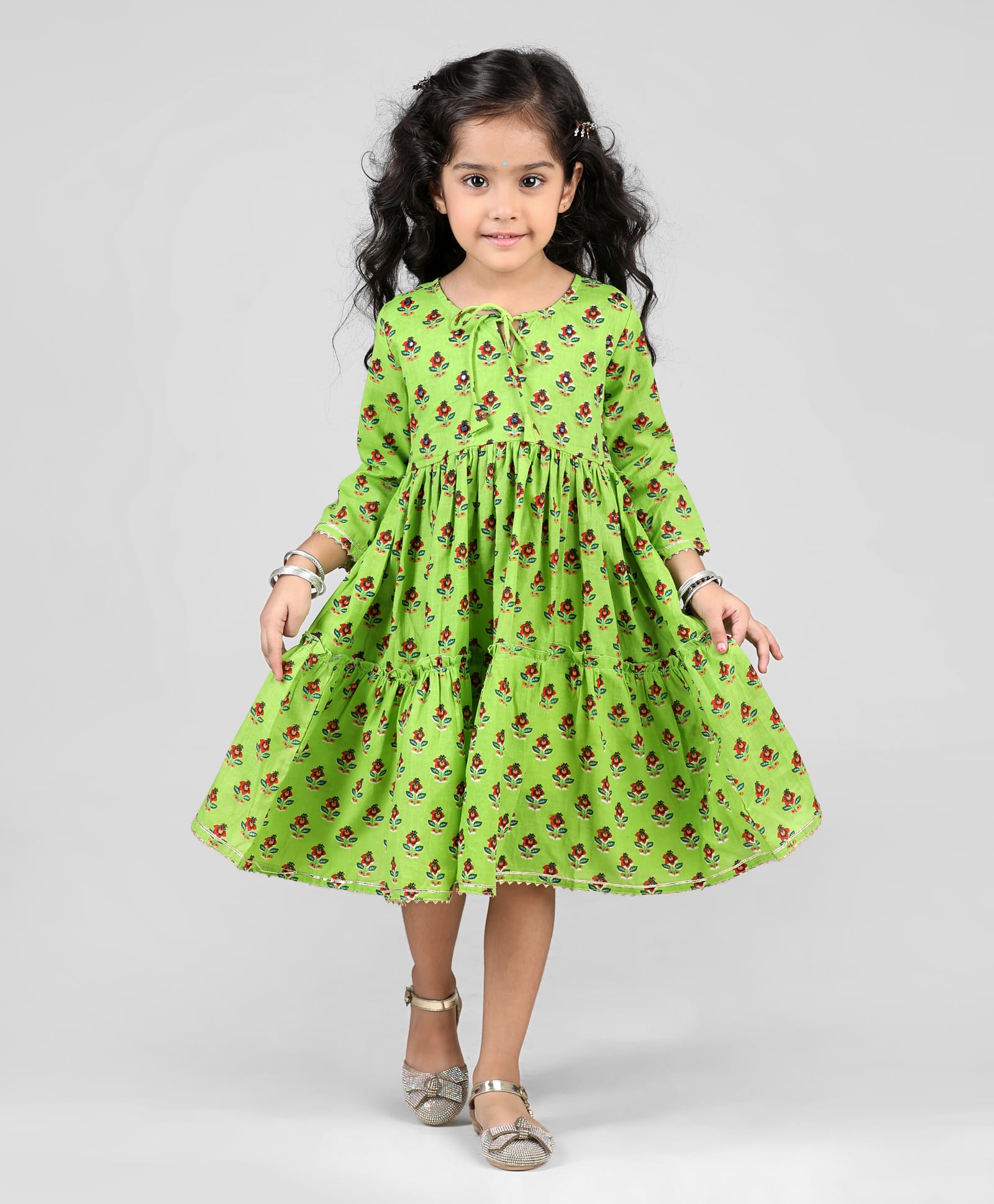 Babyhug Cotton Woven Three Fourth Sleeves Ethnic Dress With Floral Print - Light Green-image-31