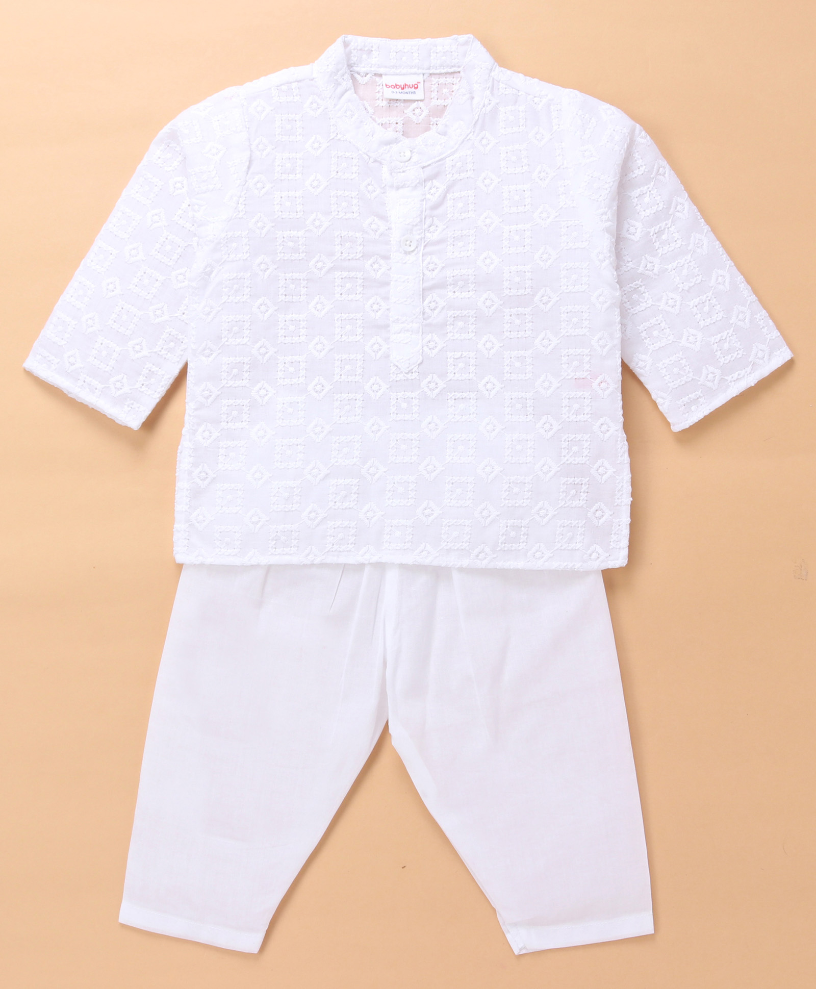 Babyhug Cotton Woven Full Sleeves Kurta & Pyjama Set With Floral Embroidery - White-image-45