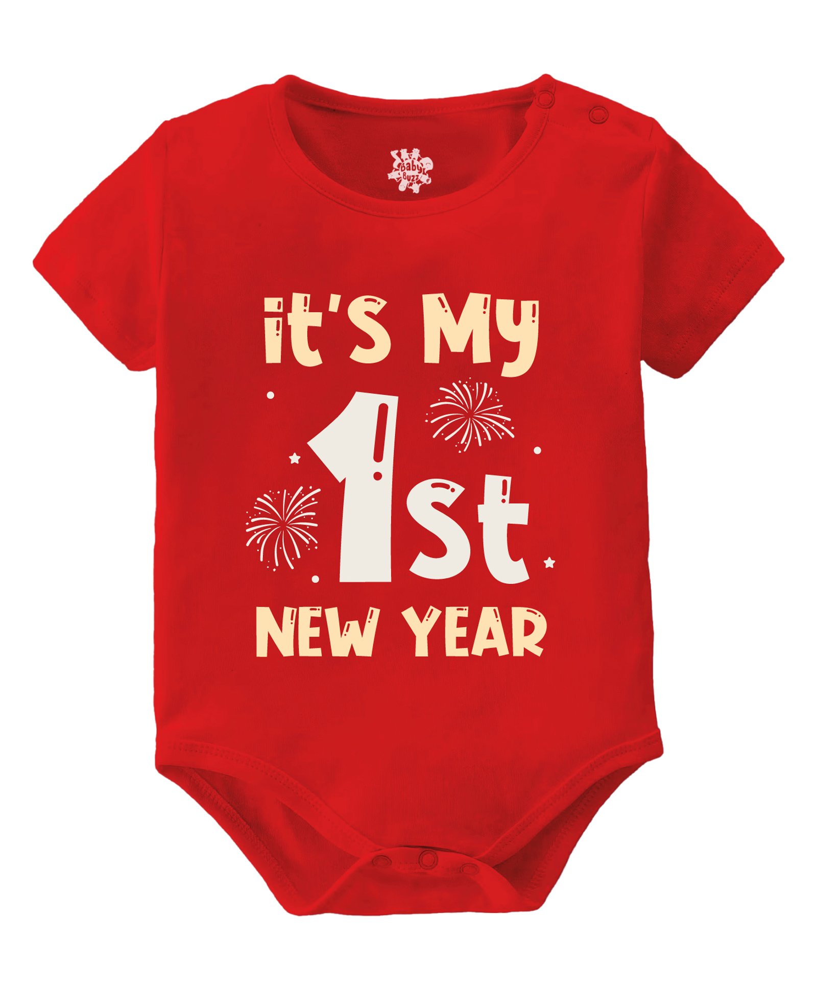 Baby Buzz New Year Theme 100% Cotton Half Sleeve It's My 1st New Year Printed Onesie - Red-image-9